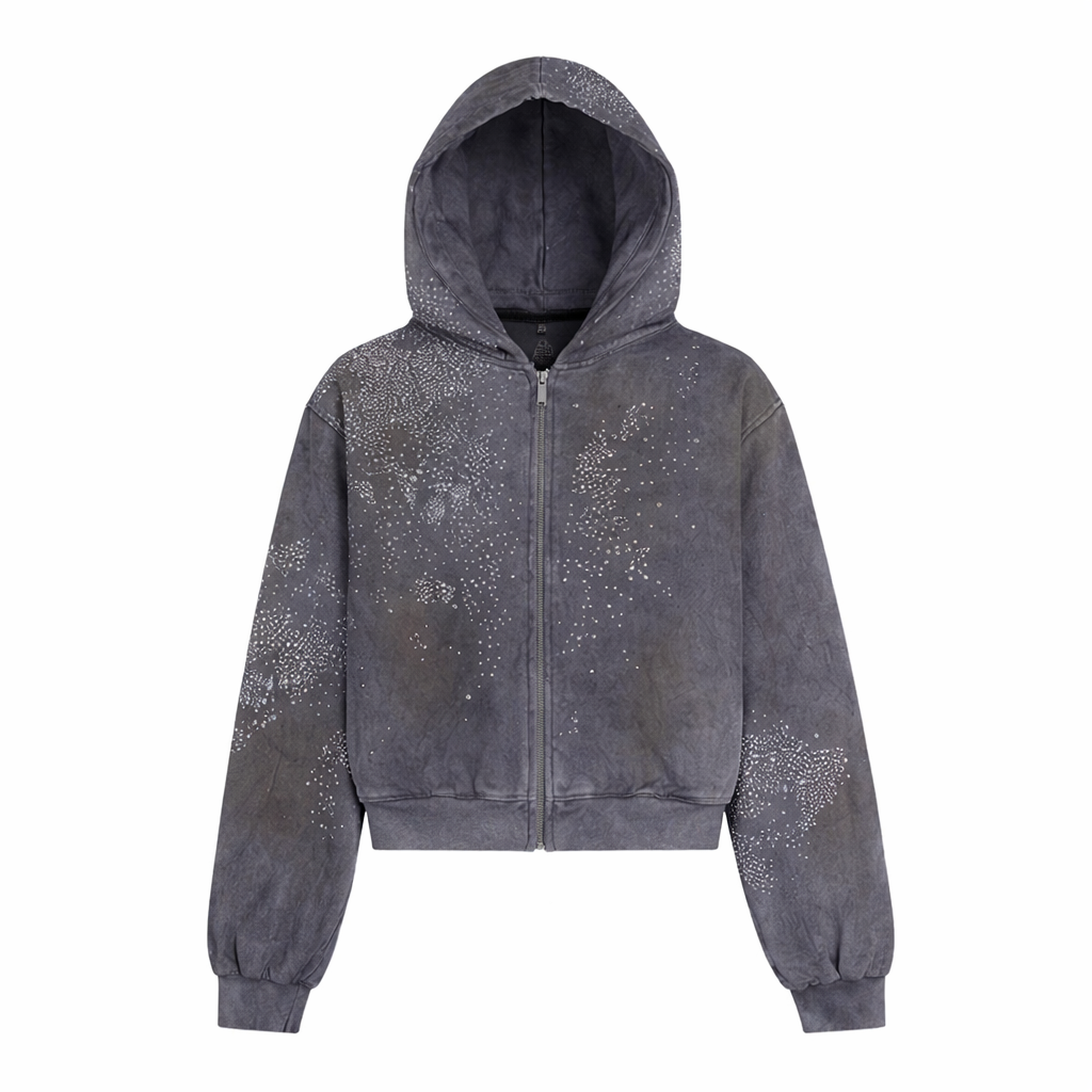 DND4DES 28K Crystal-Studded Dual-Wash ZIP-UP Hoodie Grey