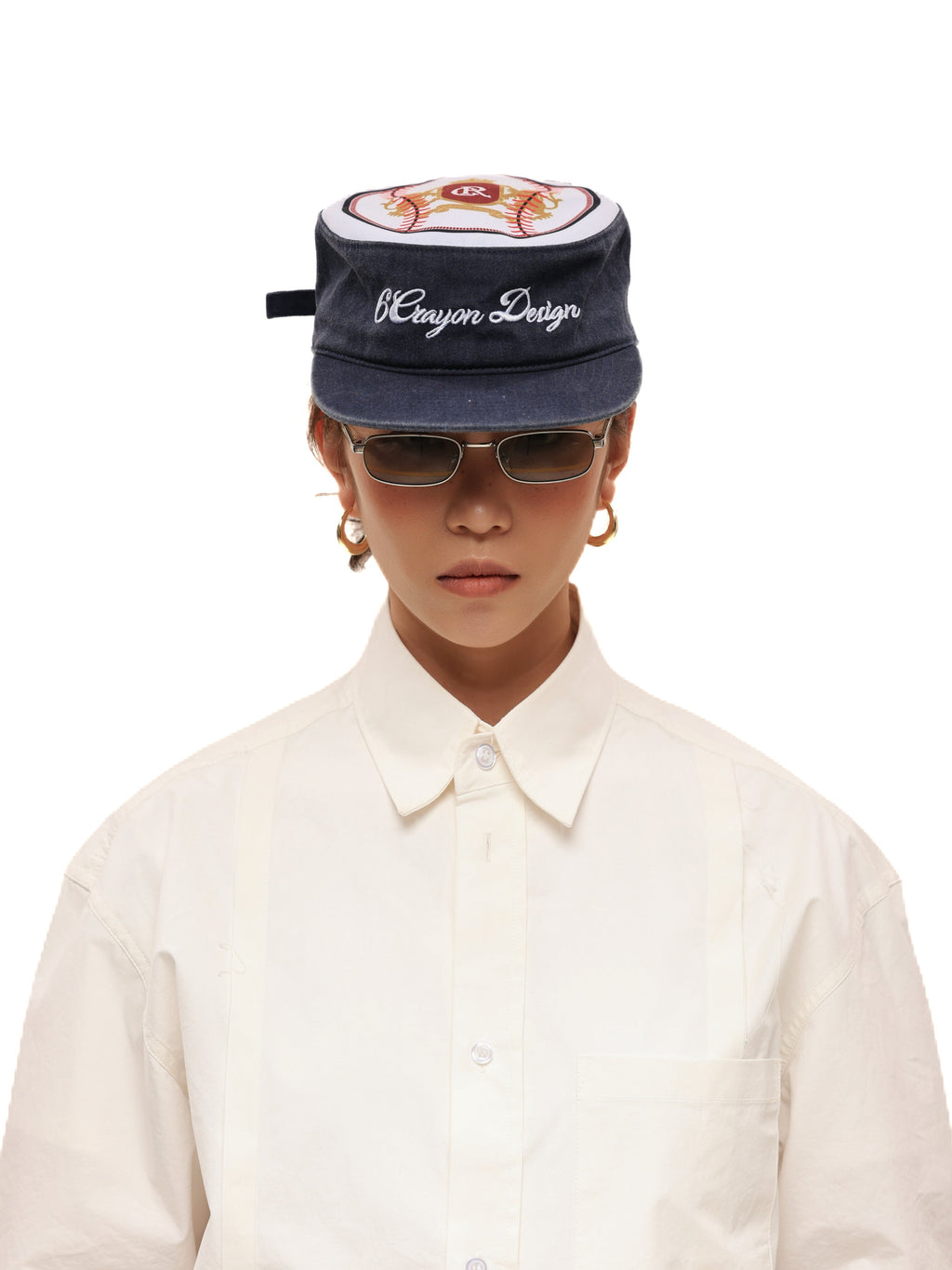 6CRAYON Flat Top Embroidered Navy Patchwork Baseball Cap