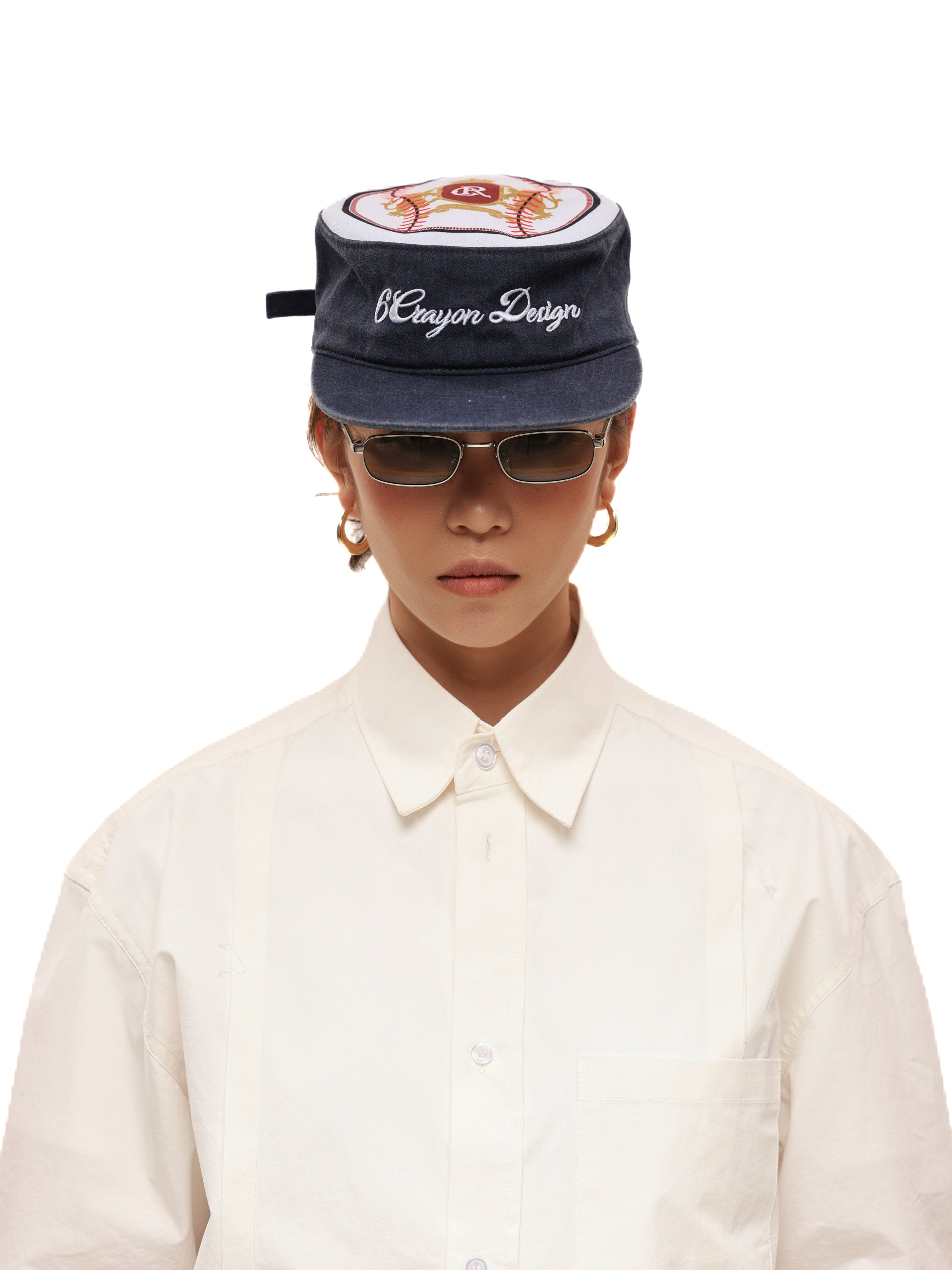 6CRAYON Flat Top Embroidered Navy Patchwork Baseball Cap