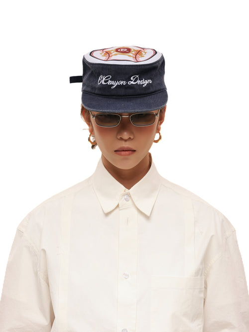 6CRAYON Flat Top Embroidered Navy Patchwork Baseball Cap