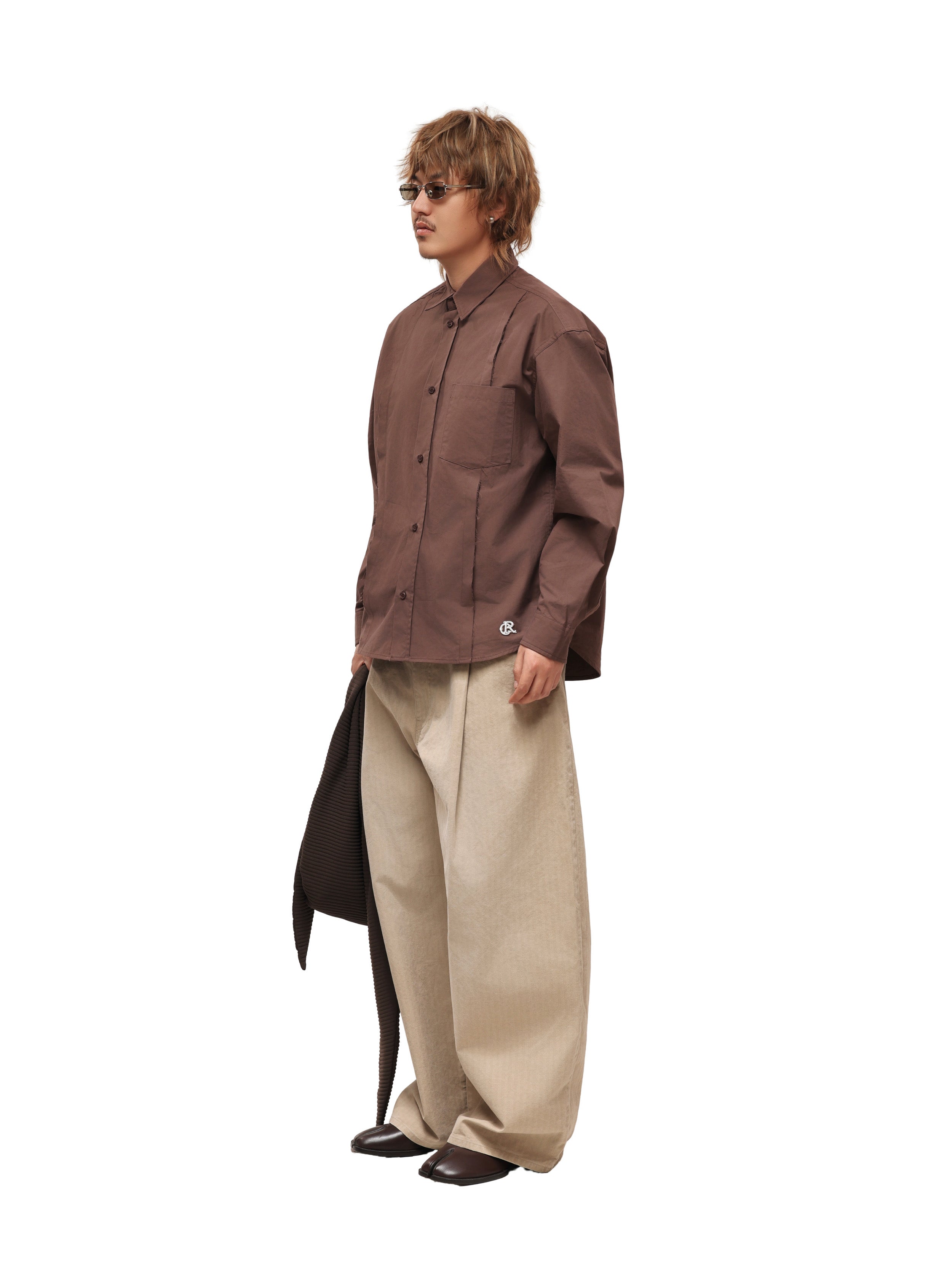 6CRAYON Patchwork Basic Brown Cotton Poplin Embroidered Shirt