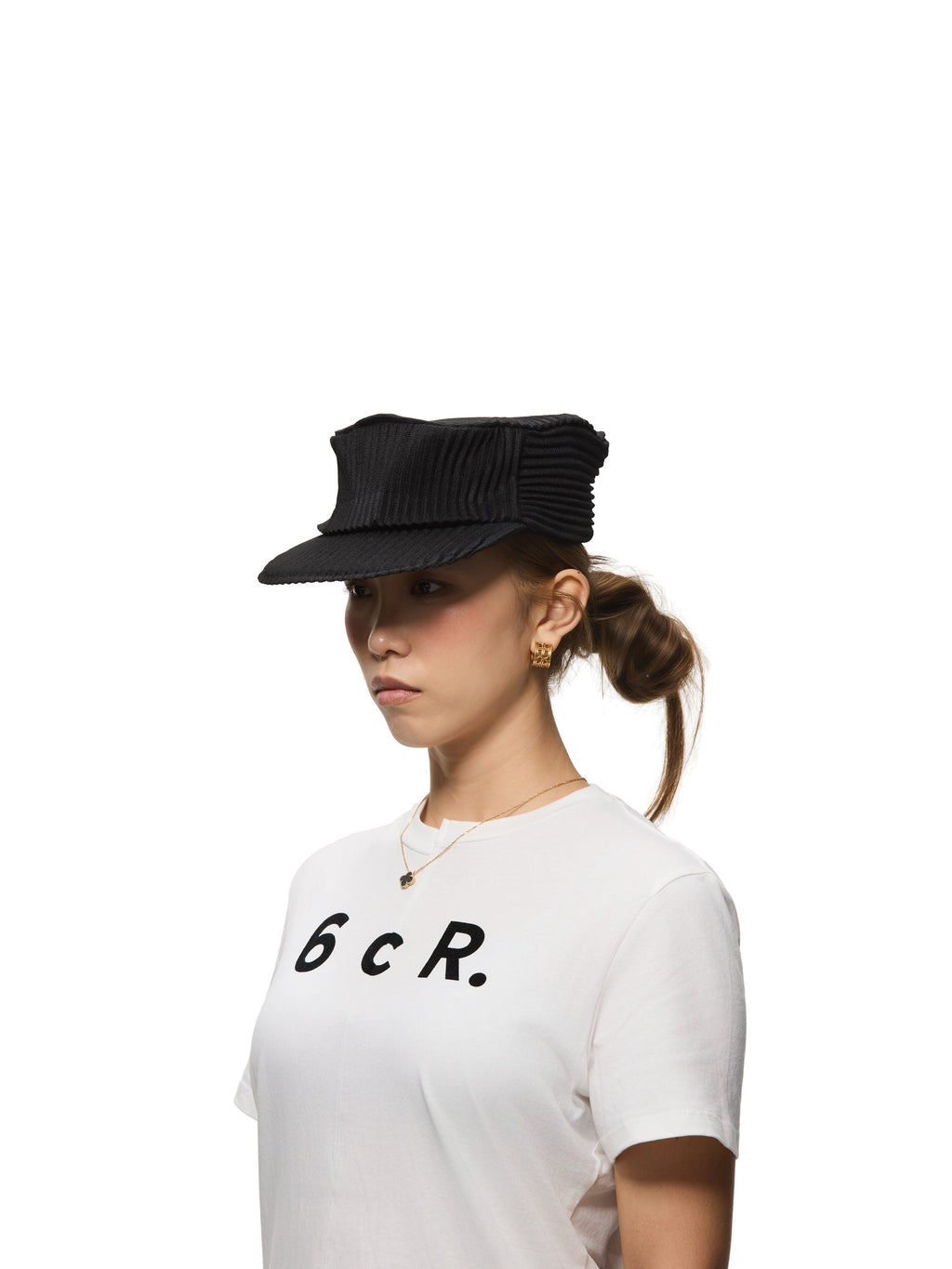 6CRAYON Black Pleated Flat Top Stretch Baseball Cap