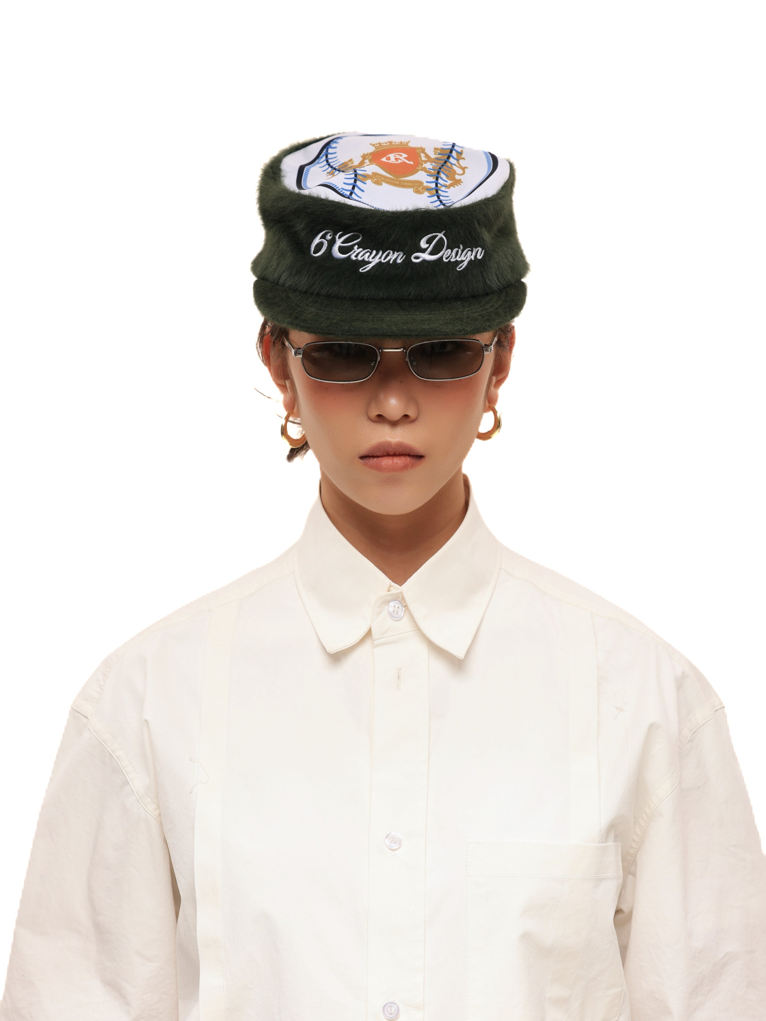 6CRAYON Flat Top Embroidered Rabbit Fur Olive Green Pa tchwork Baseball Cap