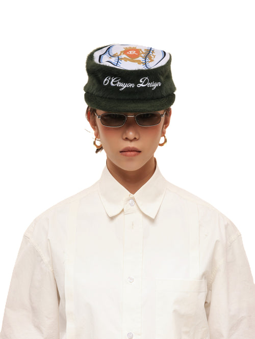 6CRAYON Flat Top Embroidered Rabbit Fur Olive Green Pa tchwork Baseball Cap