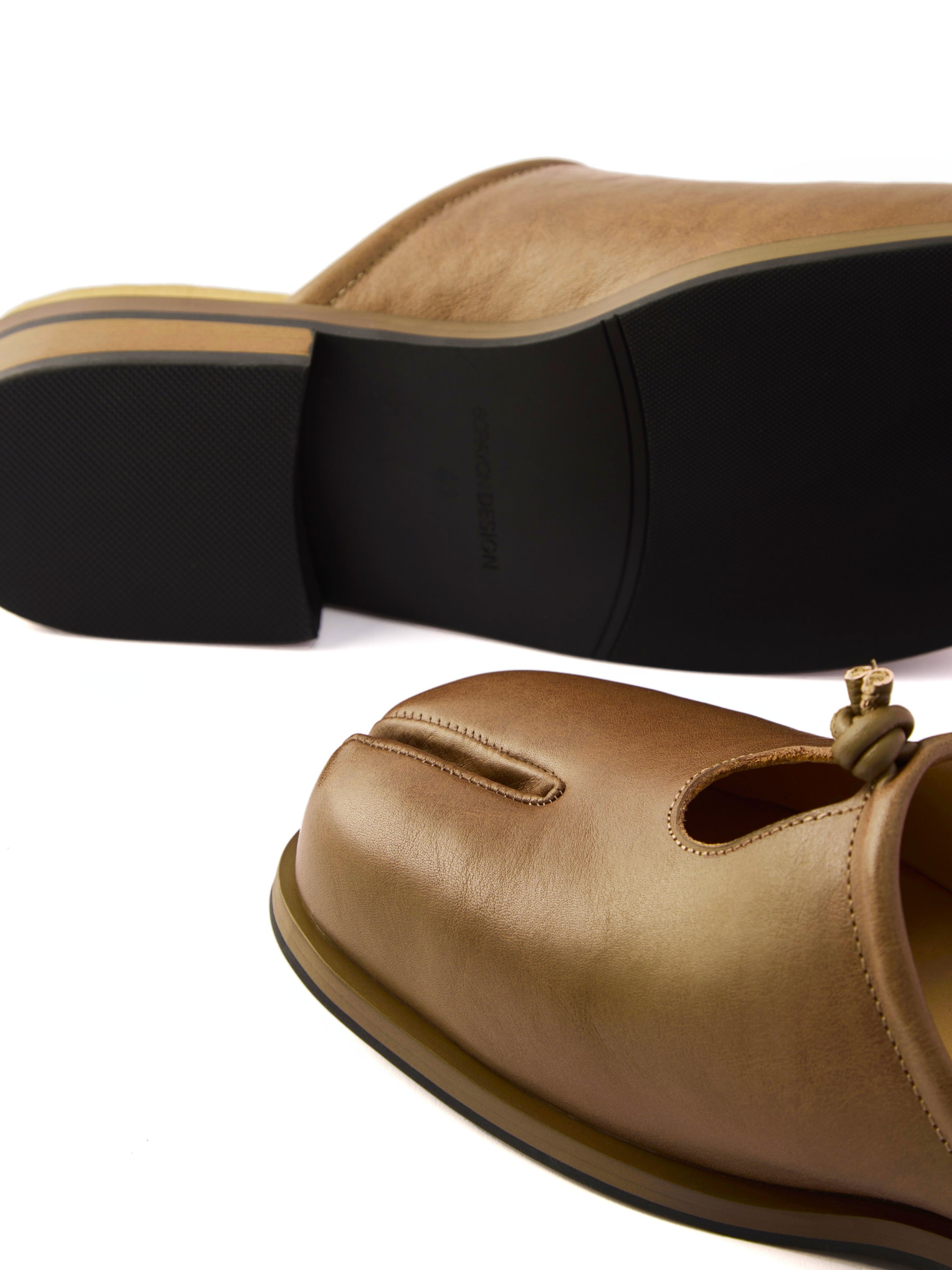 6CRAYON Brown Cow Leather Mule Slides with Tabi Split Toe Cutout & Knot Embellishment