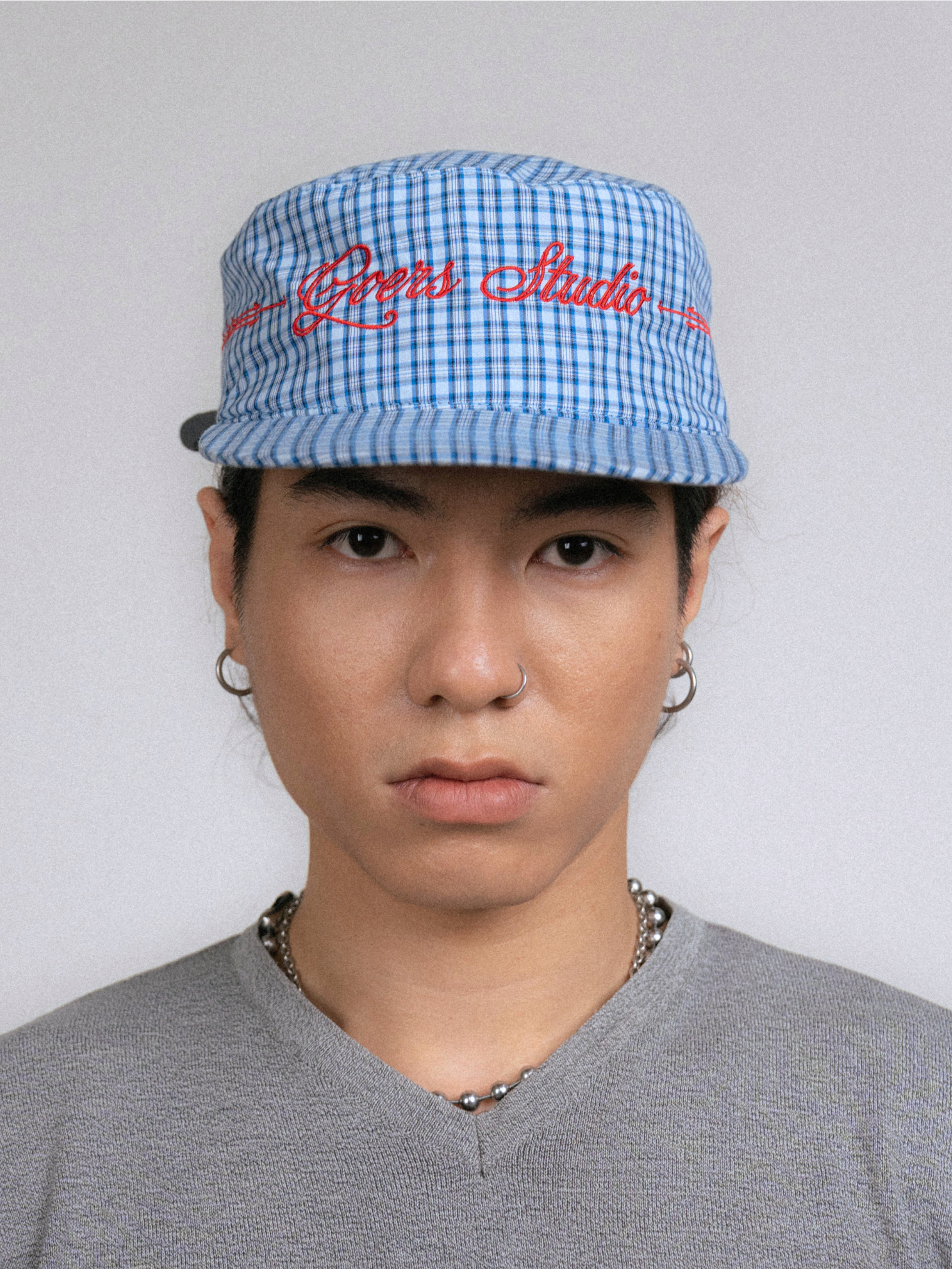 Goers Studio Plaid Pillbox Cap in Blue