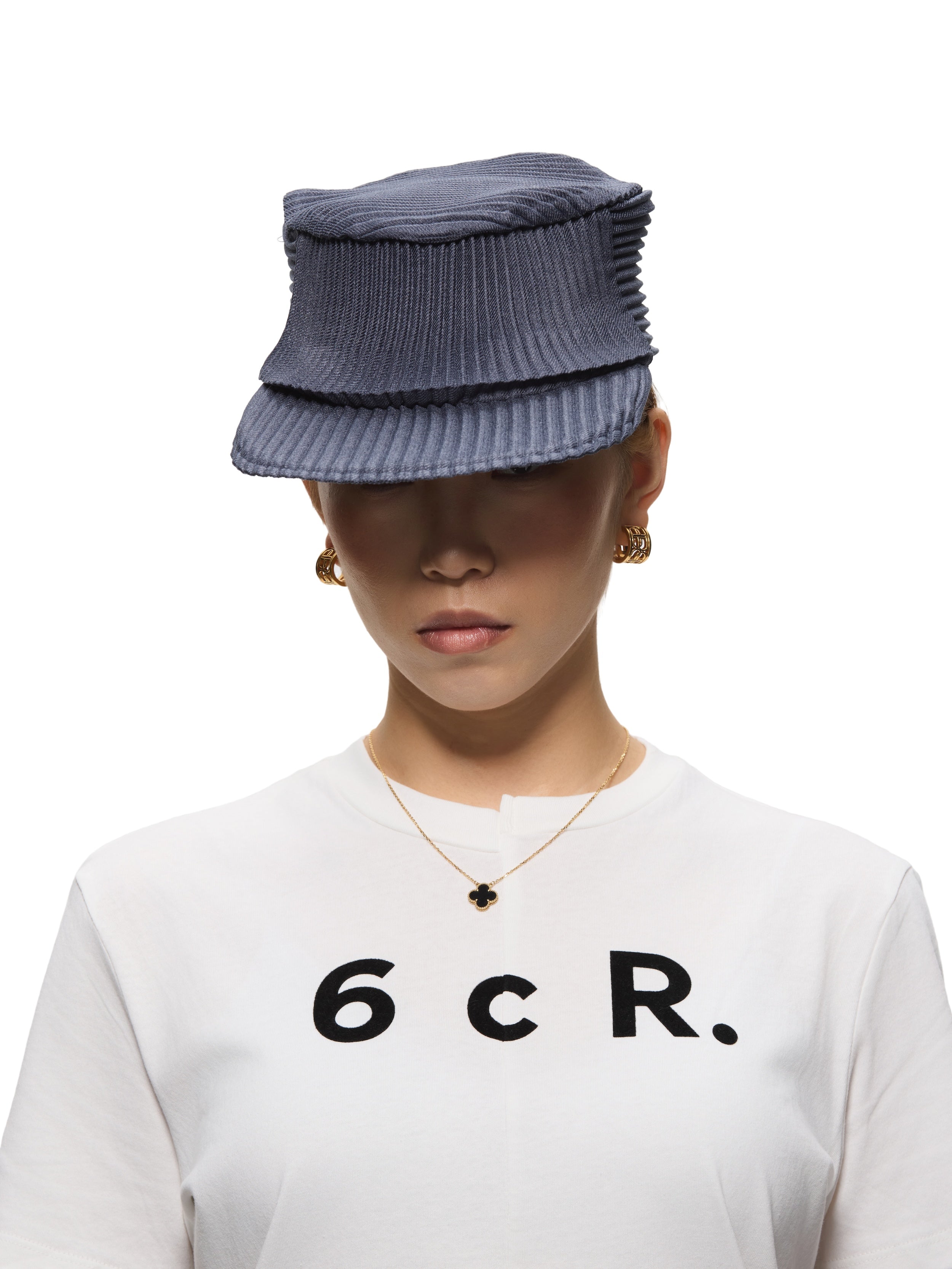 6CRAYON Denim Blue Pleated Flat Top Stretch Baseball Cap