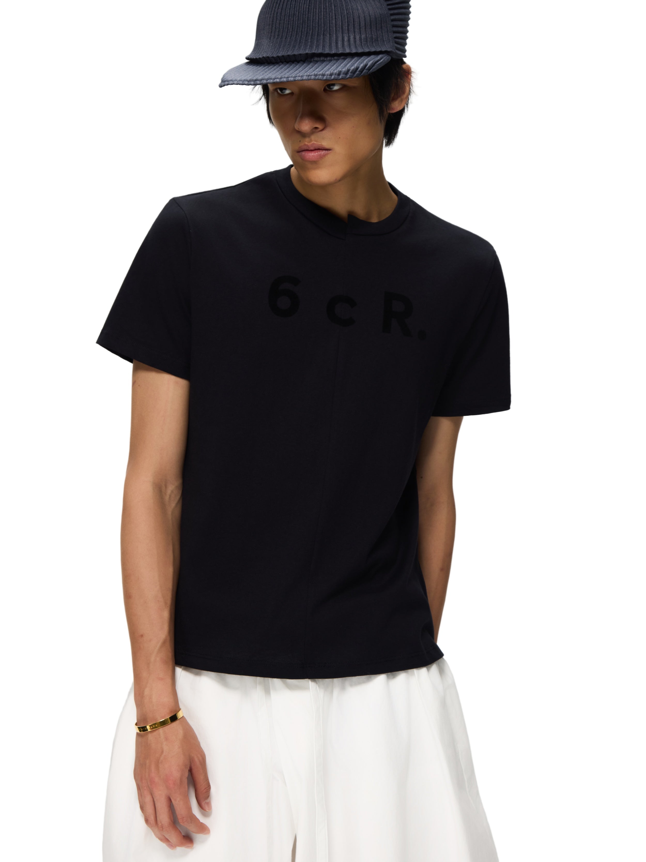 6CRAYON Black Box Fit T-Shirt with Offset Spliced Neckline & Classic Flock Print