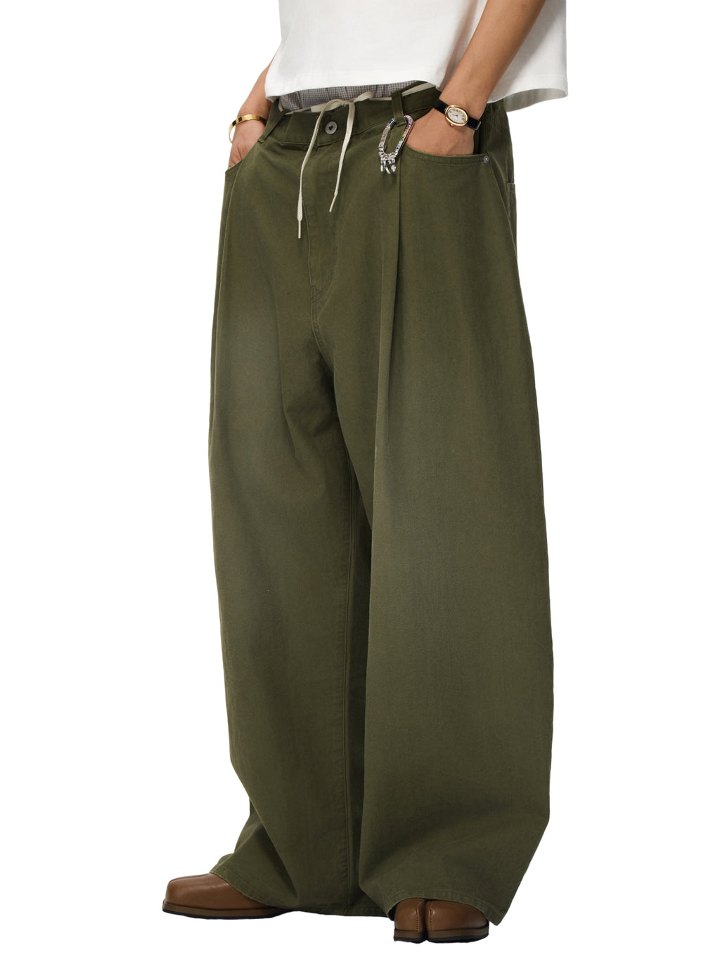 6CRAYON  washed green retro herringane washed wide-leg trousers