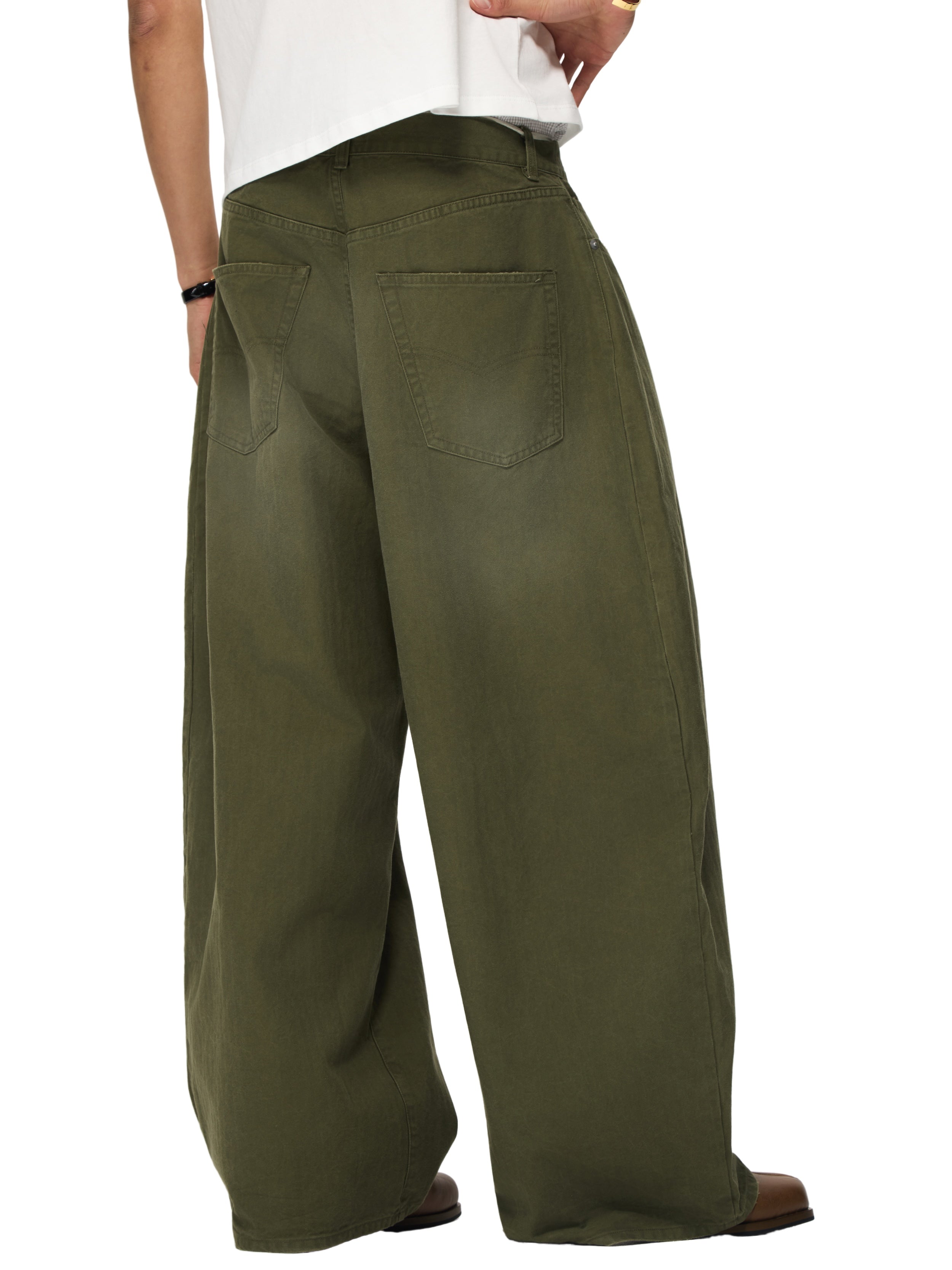6CRAYON  washed green retro herringane washed wide-leg trousers