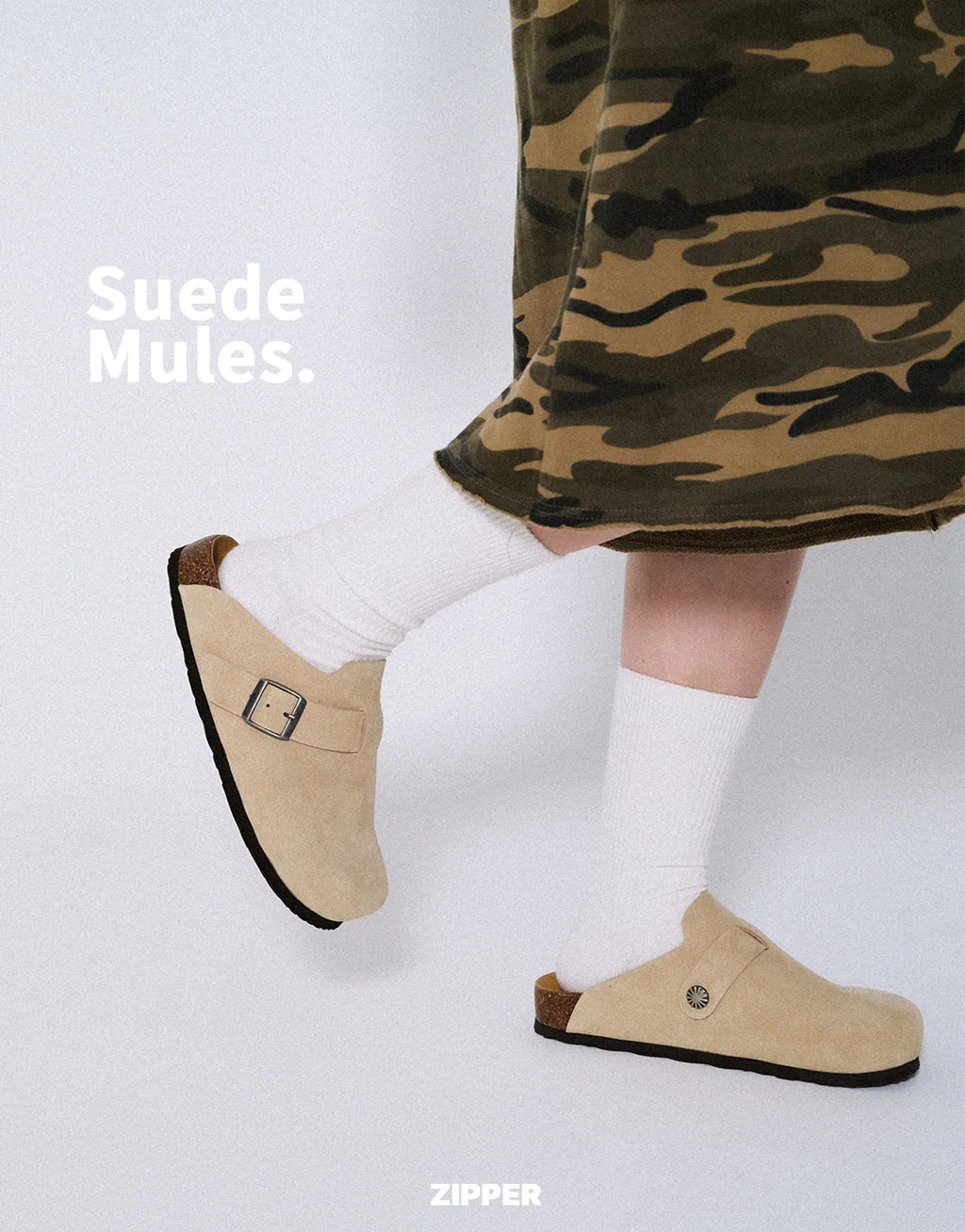 ZIPPER Suede Mules Beige