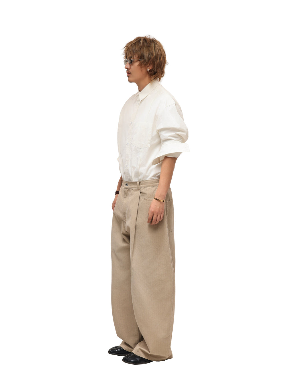 6CRAYON Khaki Classic Herringbone Washed Wide-Leg Trousers