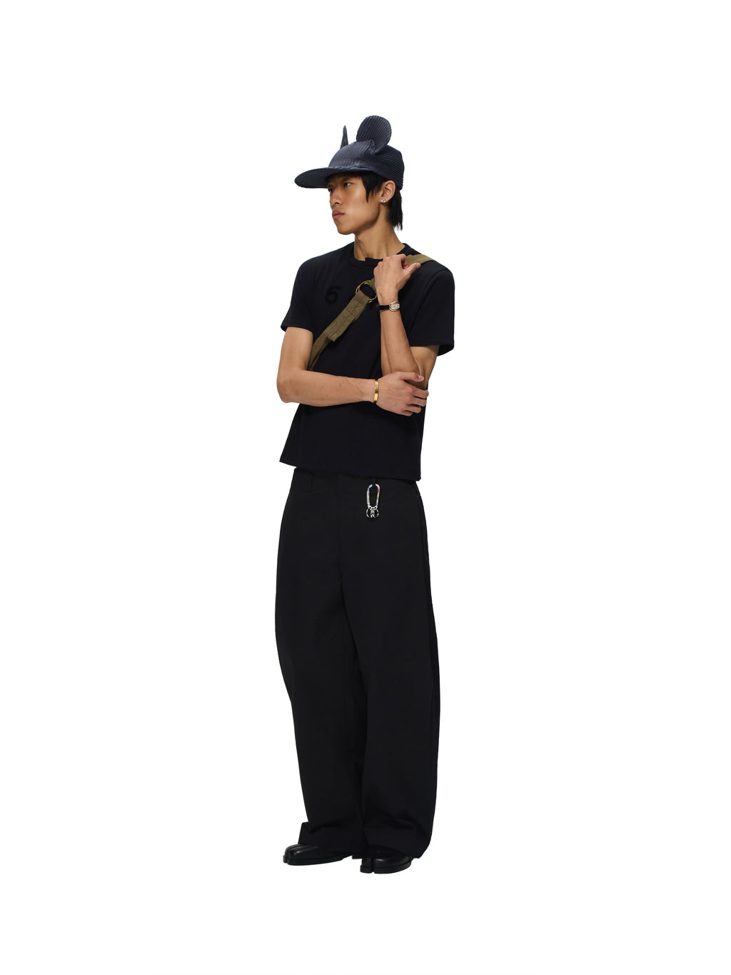 6CRAYON Black Box Fit T-Shirt with Offset Spliced Neckline & Classic Flock Print