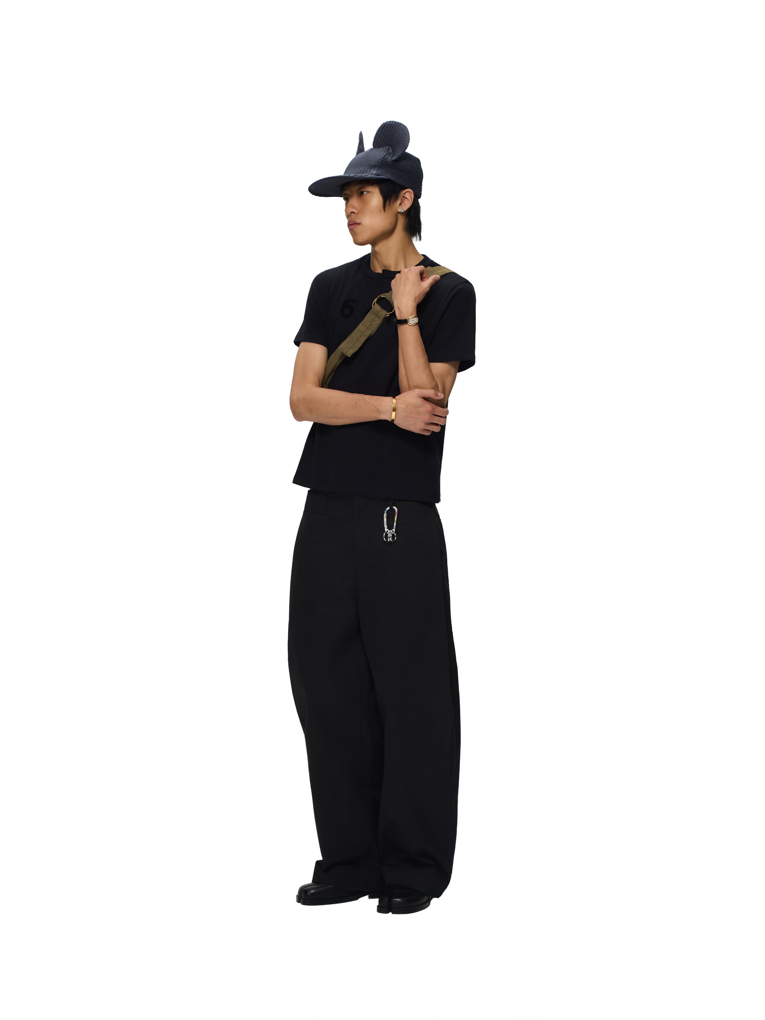 6CRAYON Black Box Fit T-Shirt with Offset Spliced Neckline & Classic Flock Print