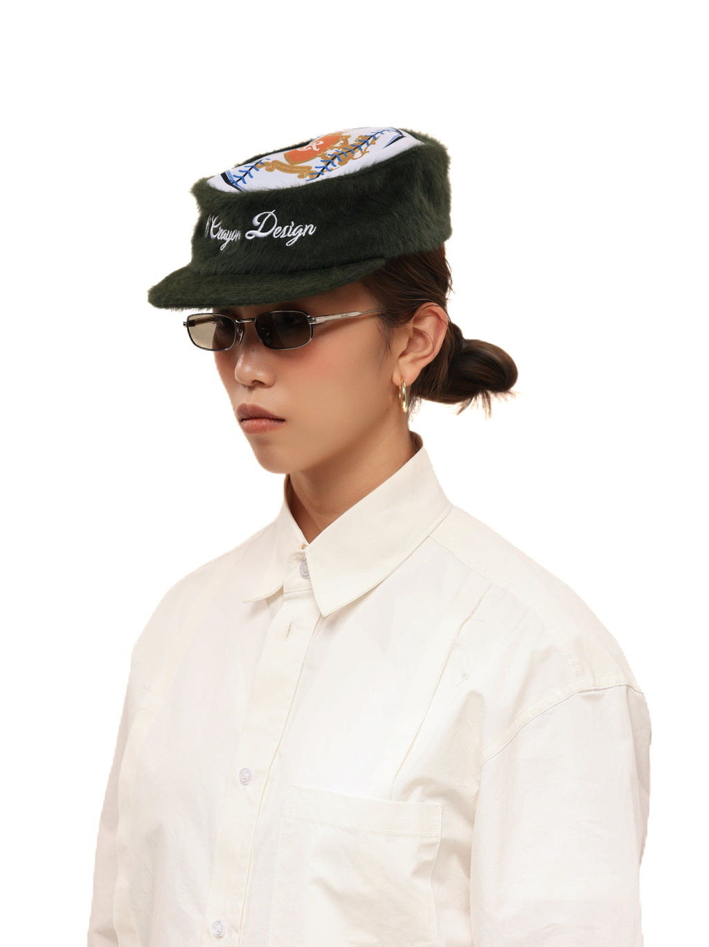6CRAYON Flat Top Embroidered Rabbit Fur Olive Green Pa tchwork Baseball Cap