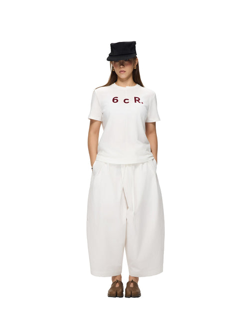 6CRAYON  White Box Fit T-Shirt with Offset Spliced Neckline & Classic Flock Print