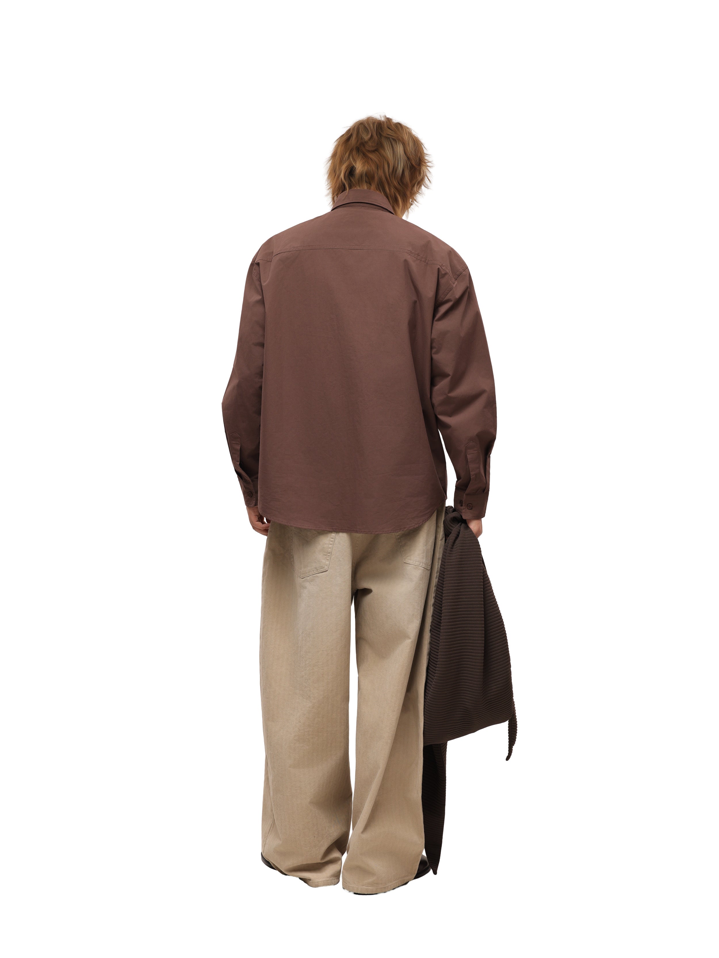 6CRAYON Patchwork Basic Brown Cotton Poplin Embroidered Shirt