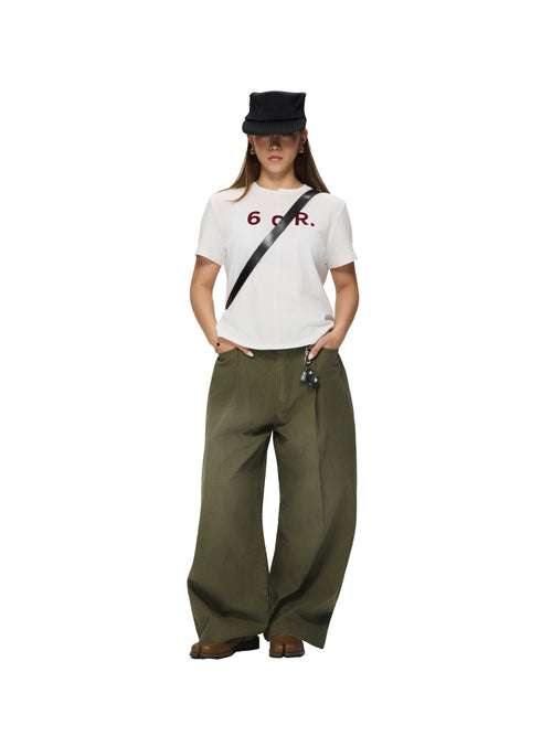 6CRAYON  washed green retro herringane washed wide-leg trousers