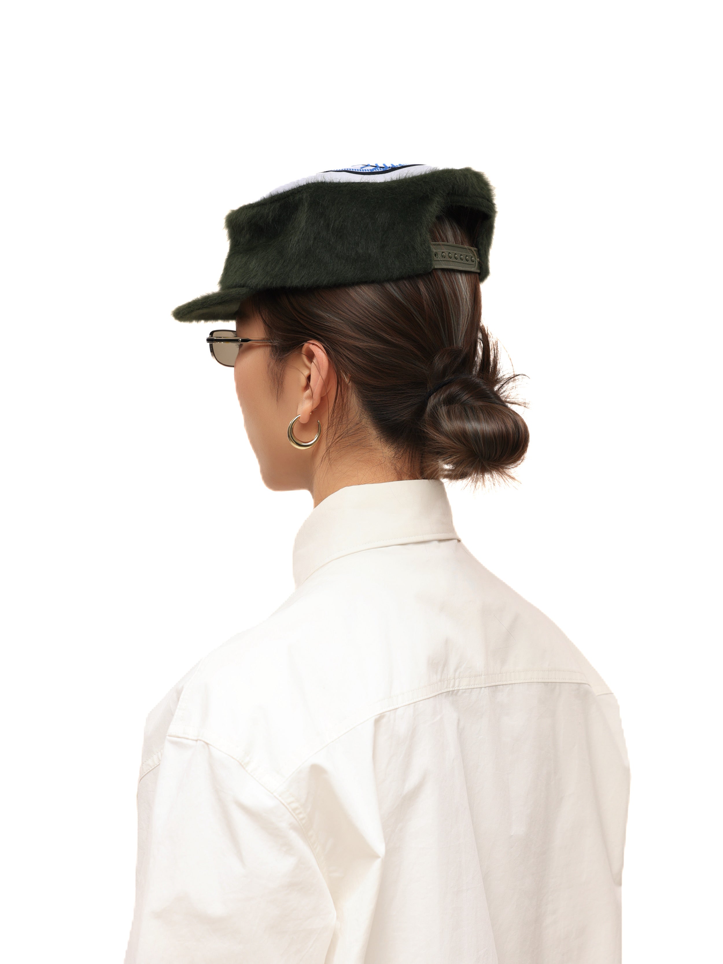 6CRAYON Flat Top Embroidered Rabbit Fur Olive Green Pa tchwork Baseball Cap