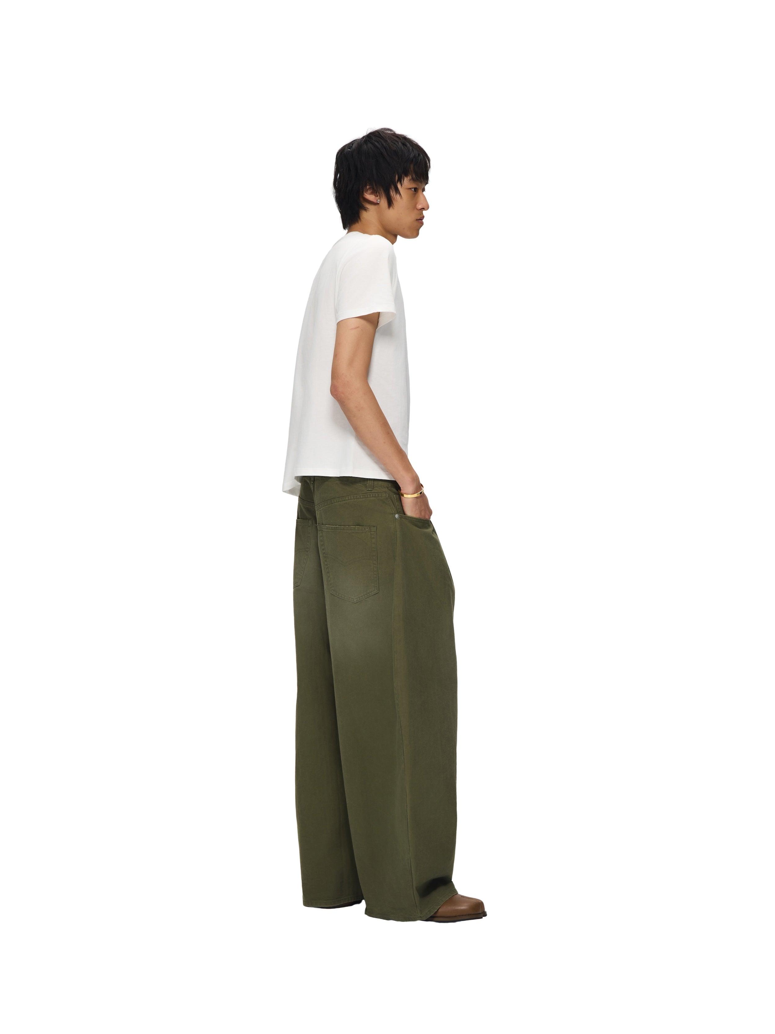 6CRAYON  washed green retro herringane washed wide-leg trousers