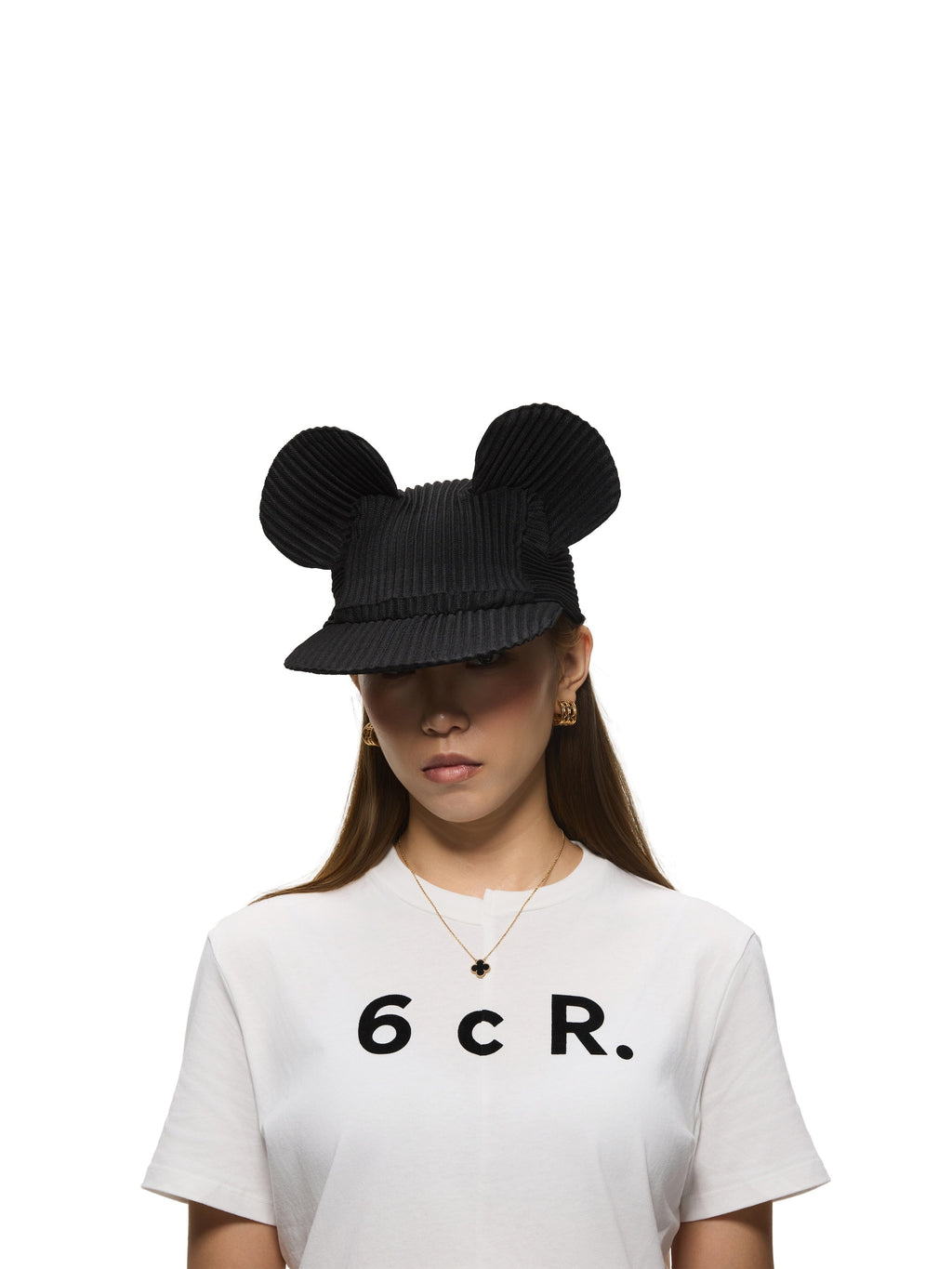 6CRAYON Black Pleated Flat Brim Mickey Cap