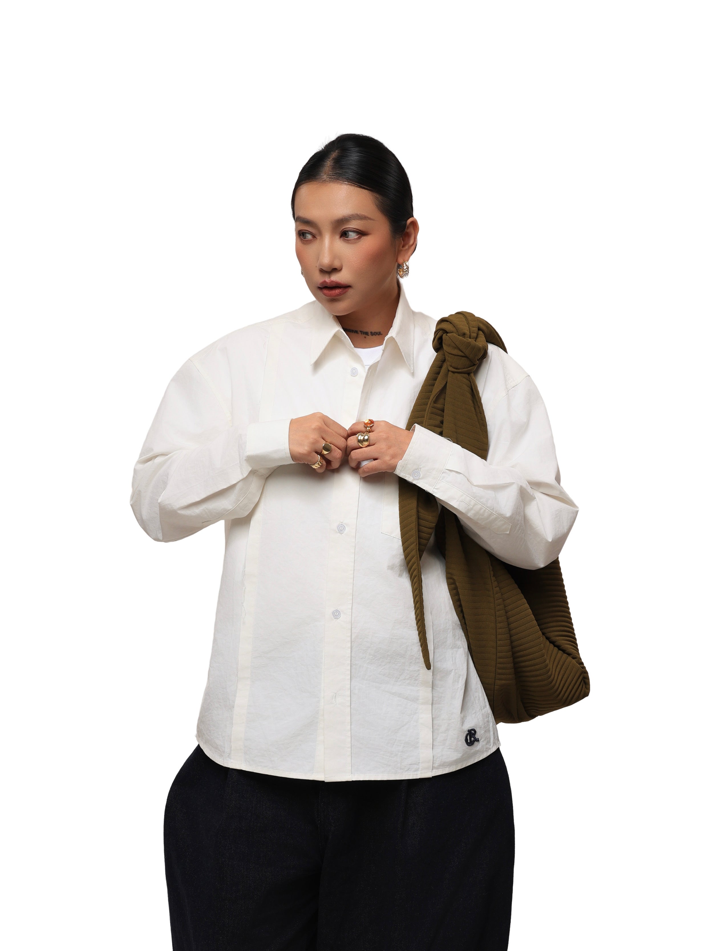 6CRAYON Patchwork Basic Beige Cotton Poplin Embroidered Shirt