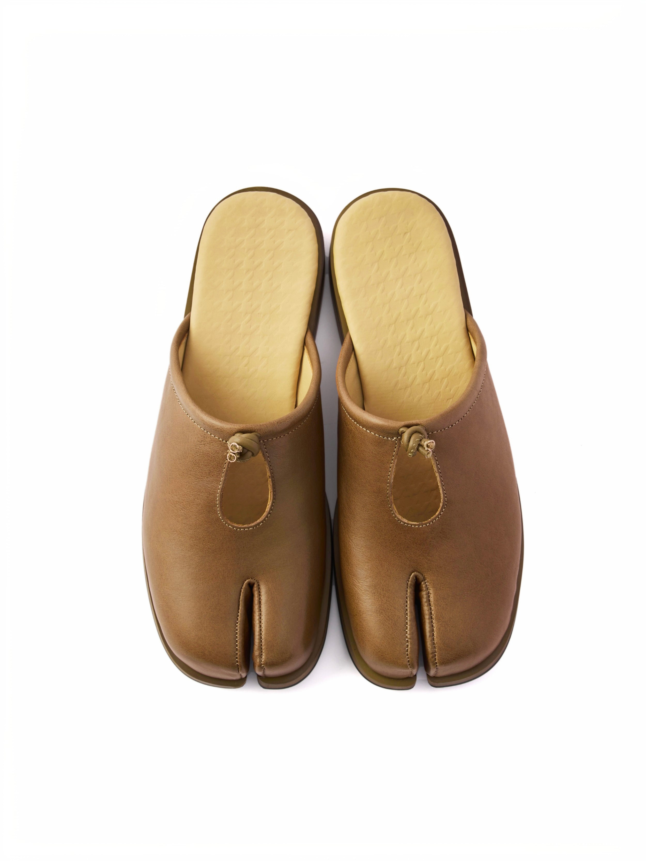 6CRAYON Brown Cow Leather Mule Slides with Tabi Split Toe Cutout & Knot Embellishment