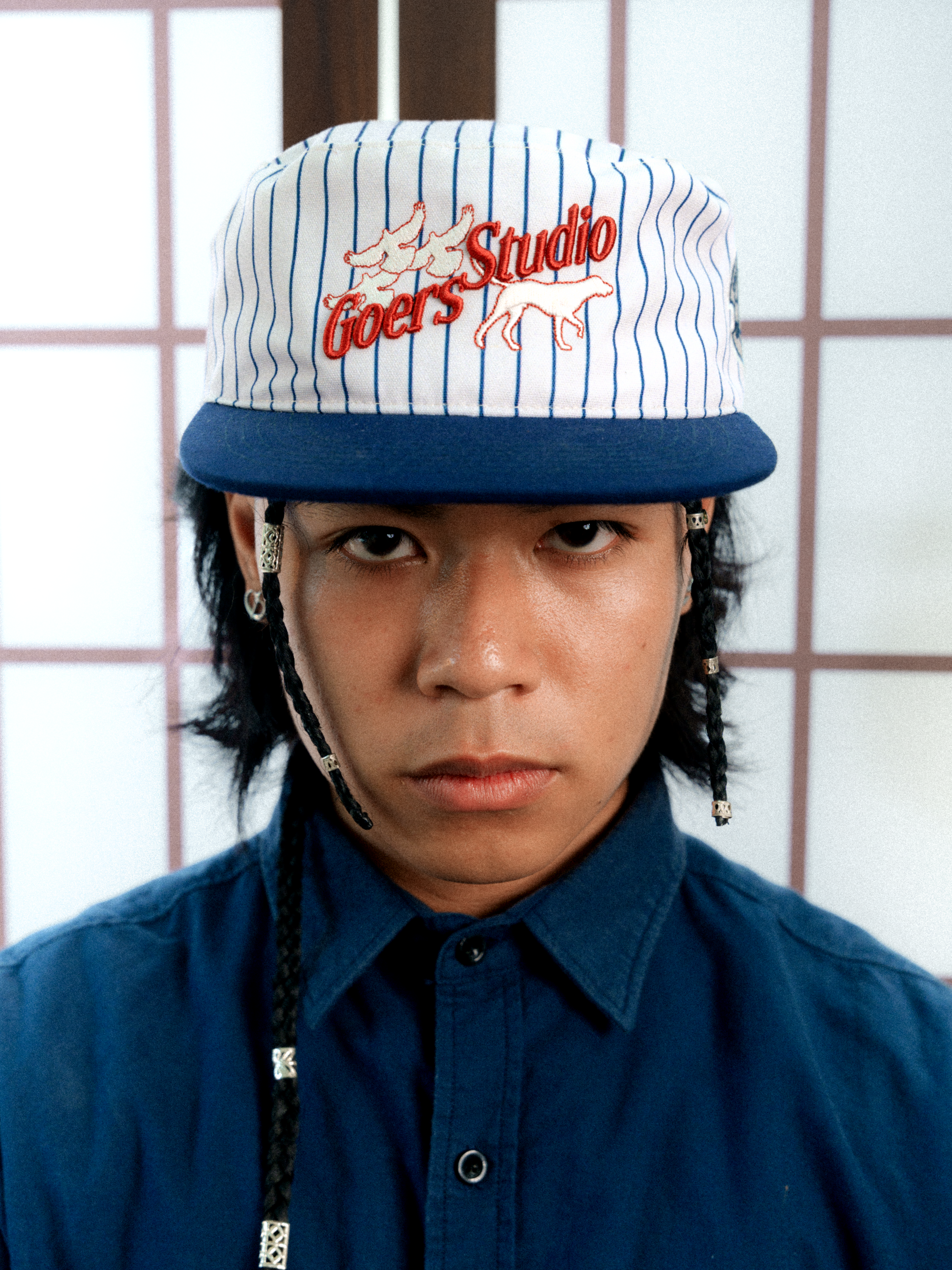 Goers Studio Love Painters Cap in White & Deep Blue Stripes