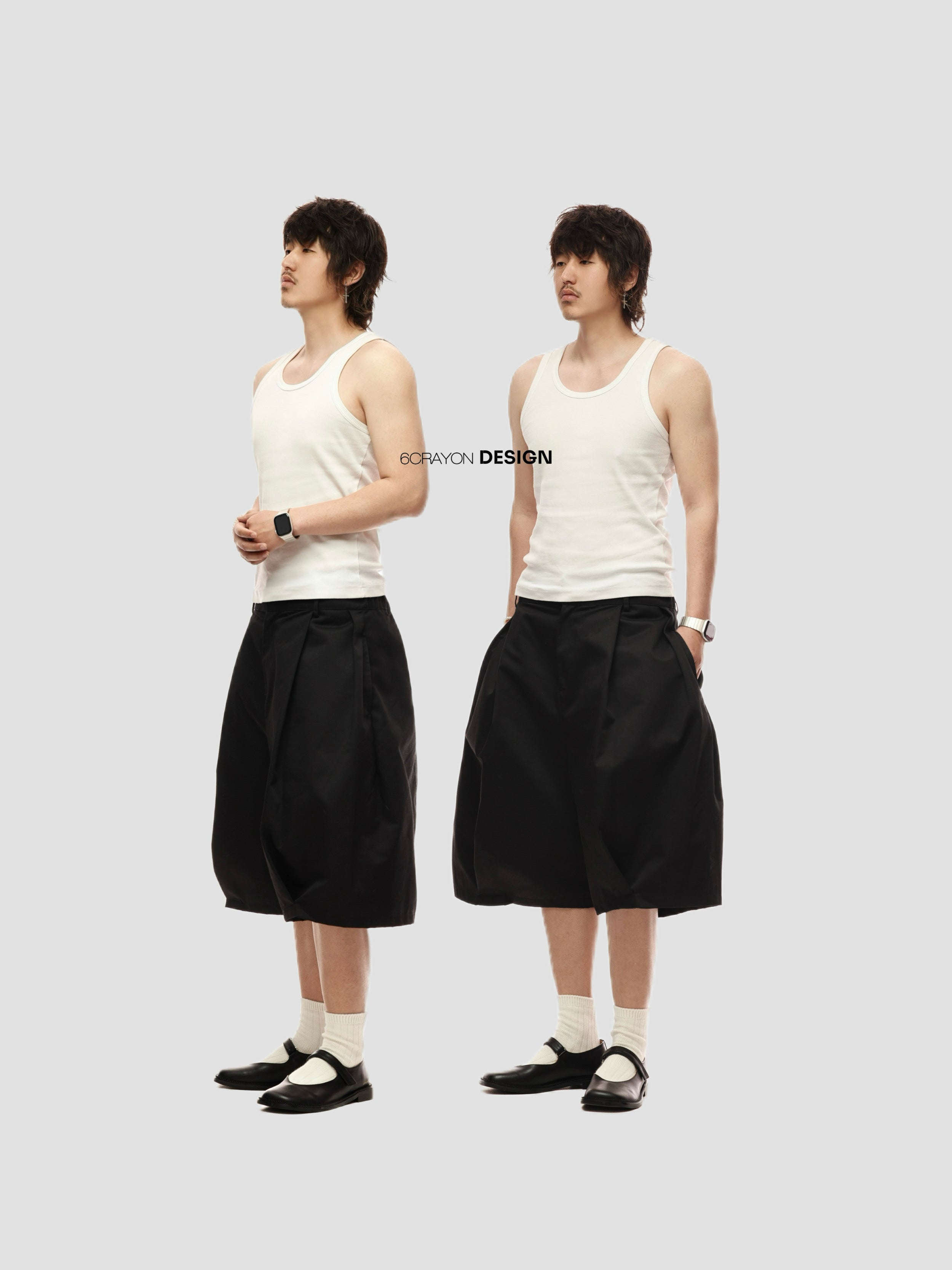 6CRAYON Elastic Waist Wide-Leg Shorts 2.0 – Double Pleated & Loose Fit with Coating