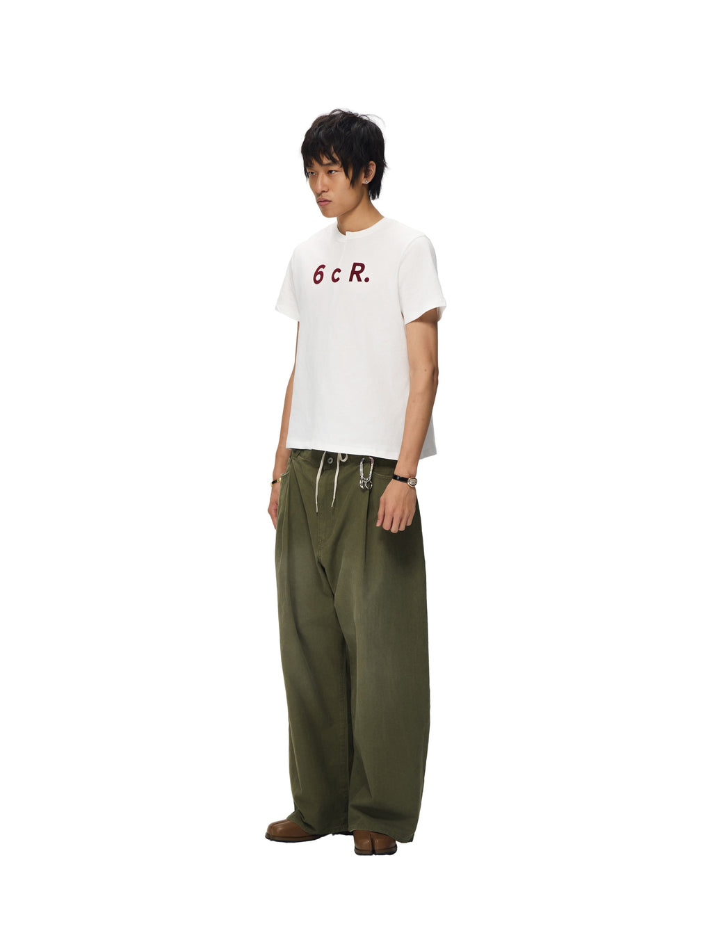 6CRAYON  washed green retro herringane washed wide-leg trousers
