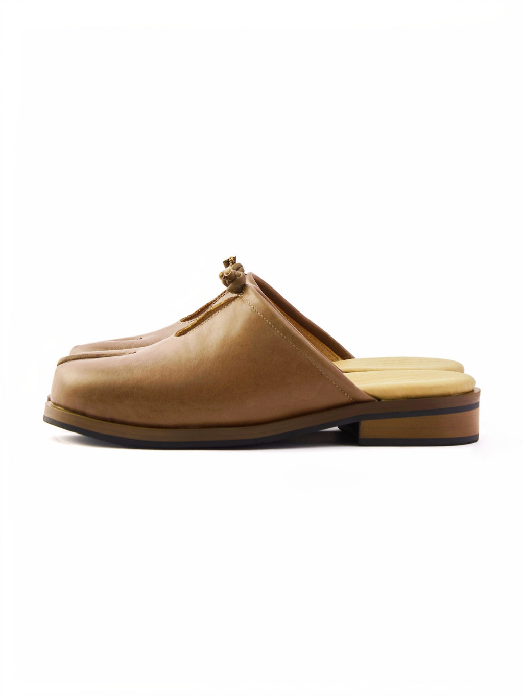 6CRAYON Brown Cow Leather Mule Slides with Tabi Split Toe Cutout & Knot Embellishment