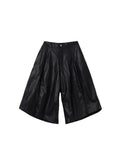 6CRAYON Unisex Black Elastic Waist Spliced Pleated PU Leather Shorts