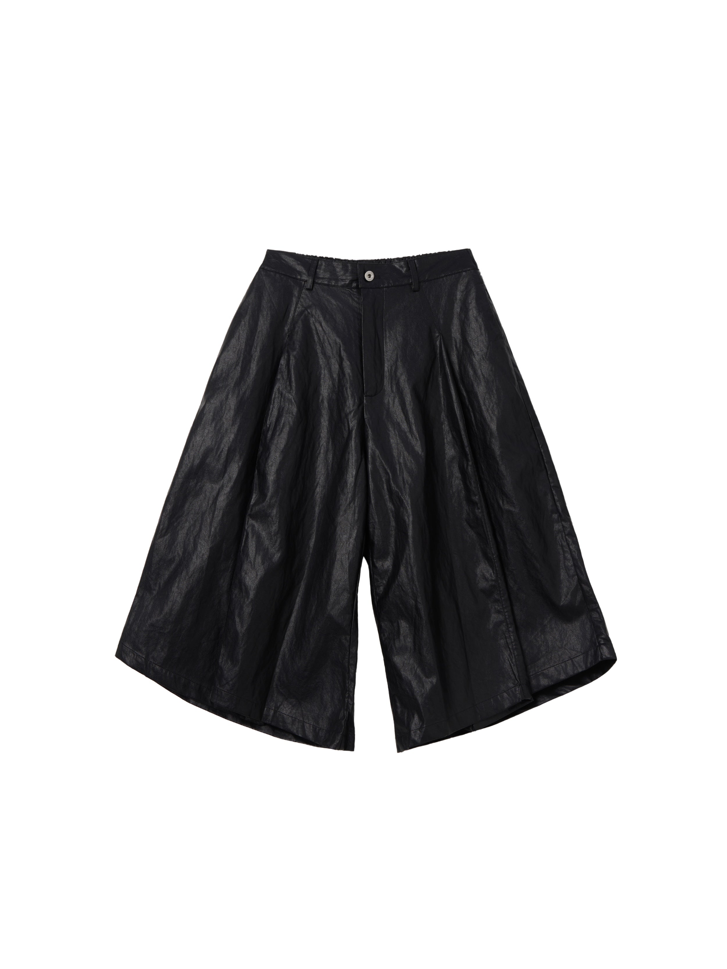 6CRAYON Unisex Black Elastic Waist Spliced Pleated PU Leather Shorts