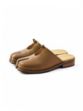 6CRAYON Brown Cow Leather Mule Slides with Tabi Split Toe Cutout & Knot Embellishment