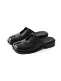 6CRAYON Unisex Black Cow Leather Mule Slides with Tabi Split Toe Cutout & Knot Embellishment