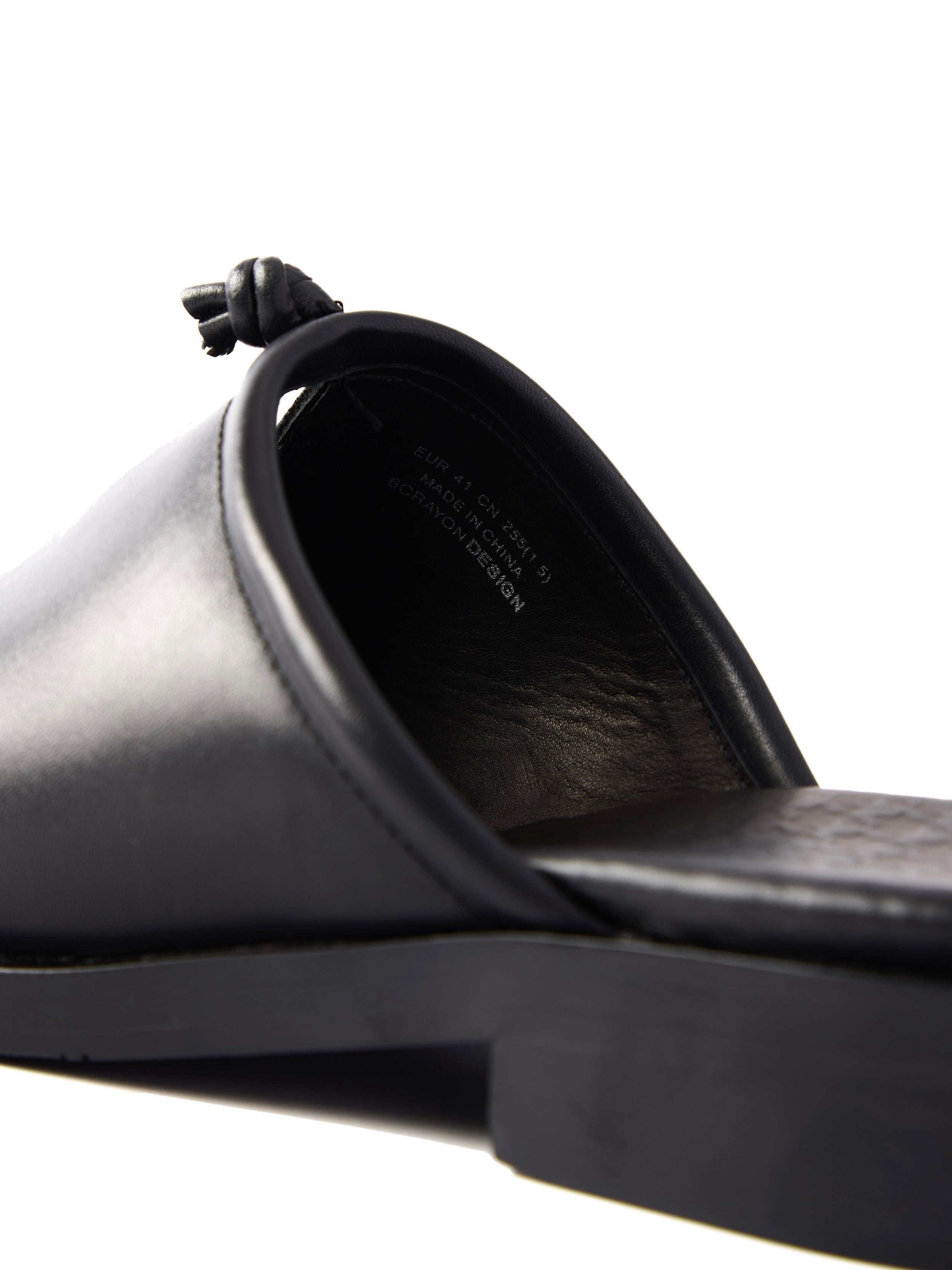 6CRAYON Unisex Black Cow Leather Mule Slides with Tabi Split Toe Cutout & Knot Embellishment
