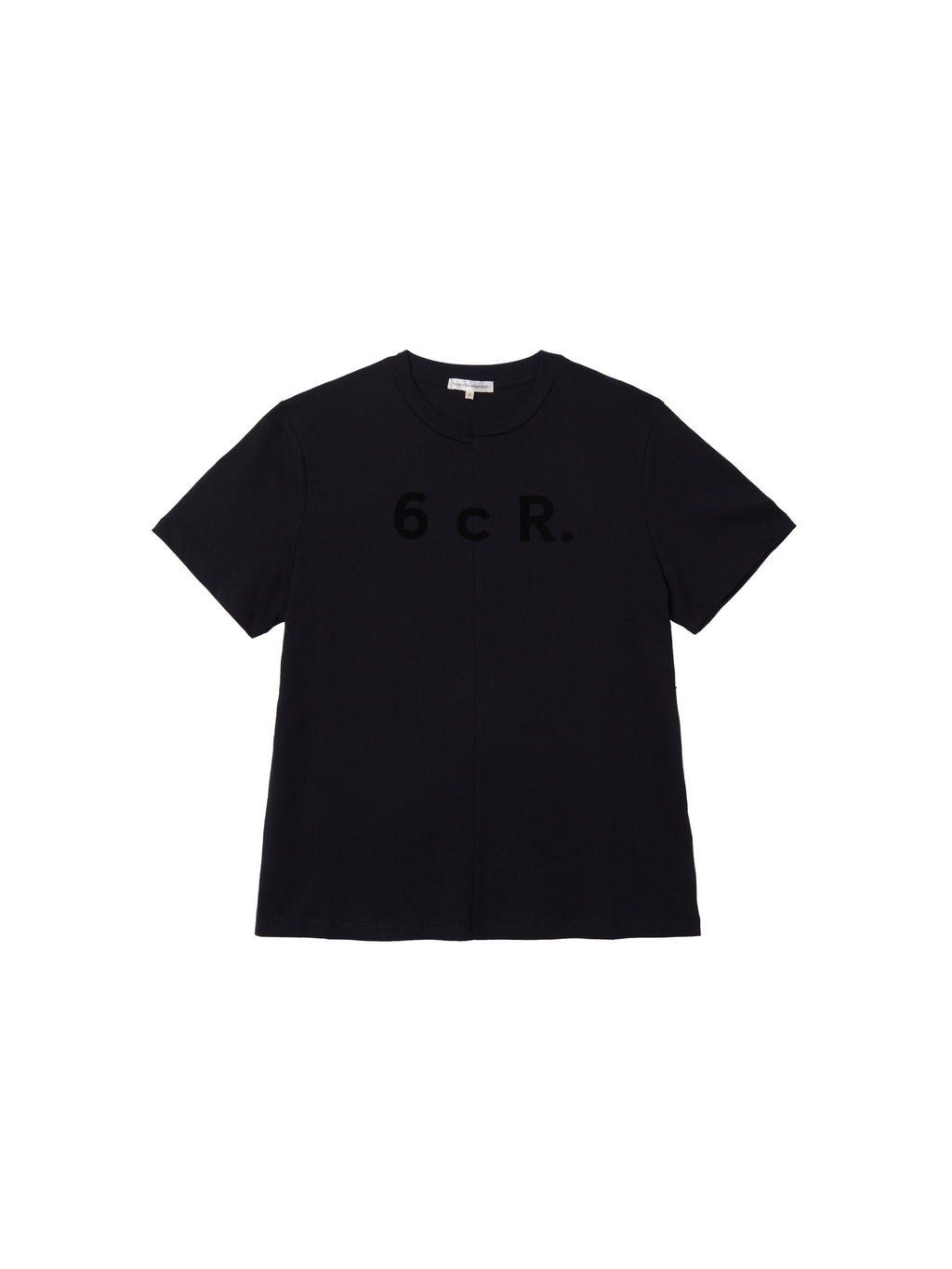 6CRAYON Black Box Fit T-Shirt with Offset Spliced Neckline & Classic Flock Print