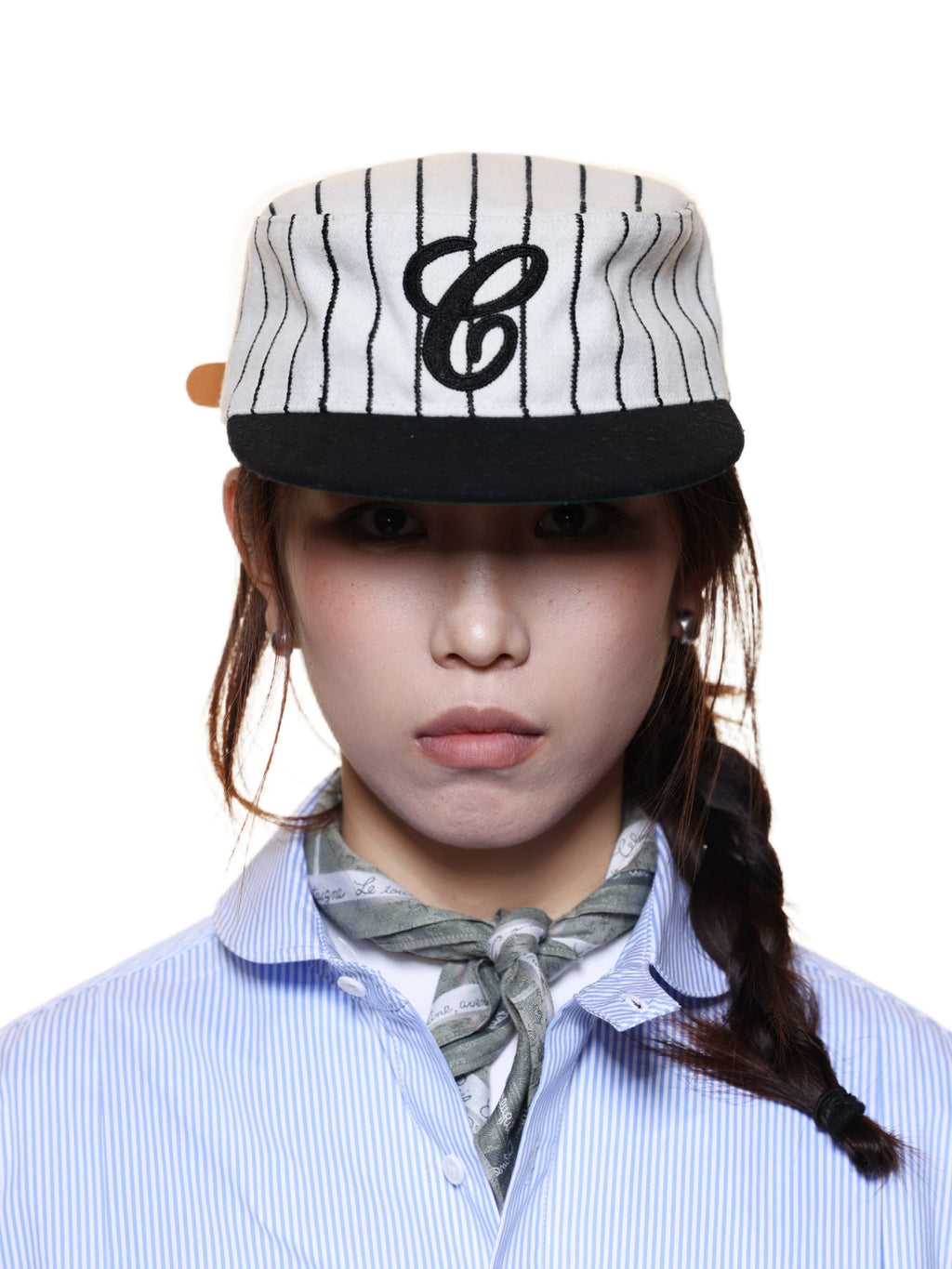 6CRAYON  Retro Flat Top Baseball Cap - Striped Wool Blend with Embroidered Letters