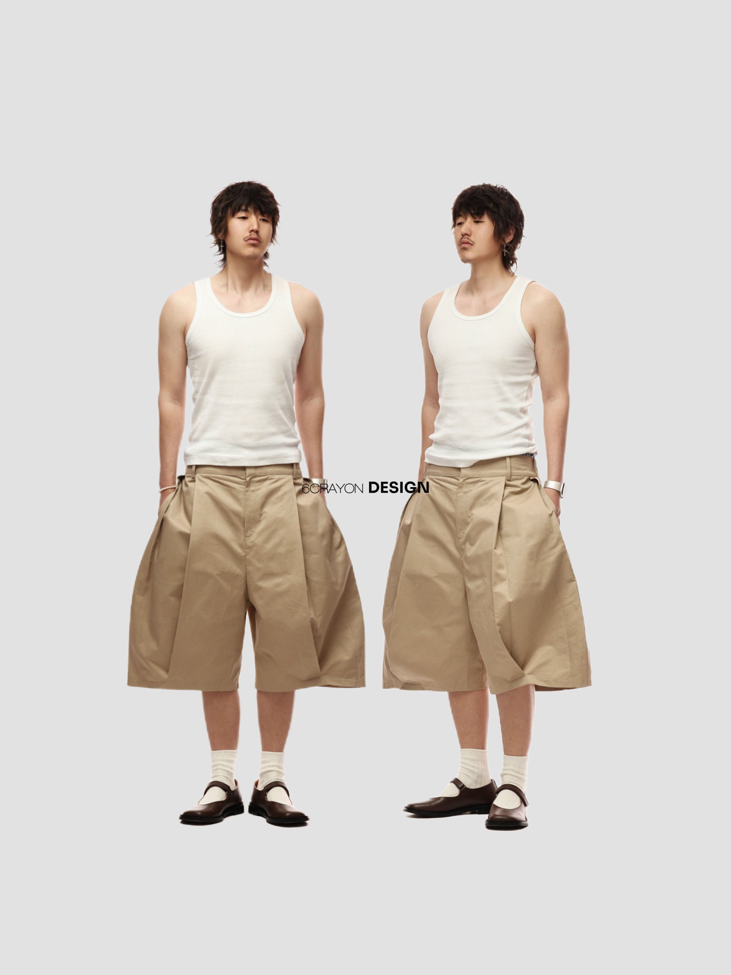 6CRAYON Elastic Waist Wide-Leg Shorts 2.0 – Double Pleated & Loose Fit with Coating