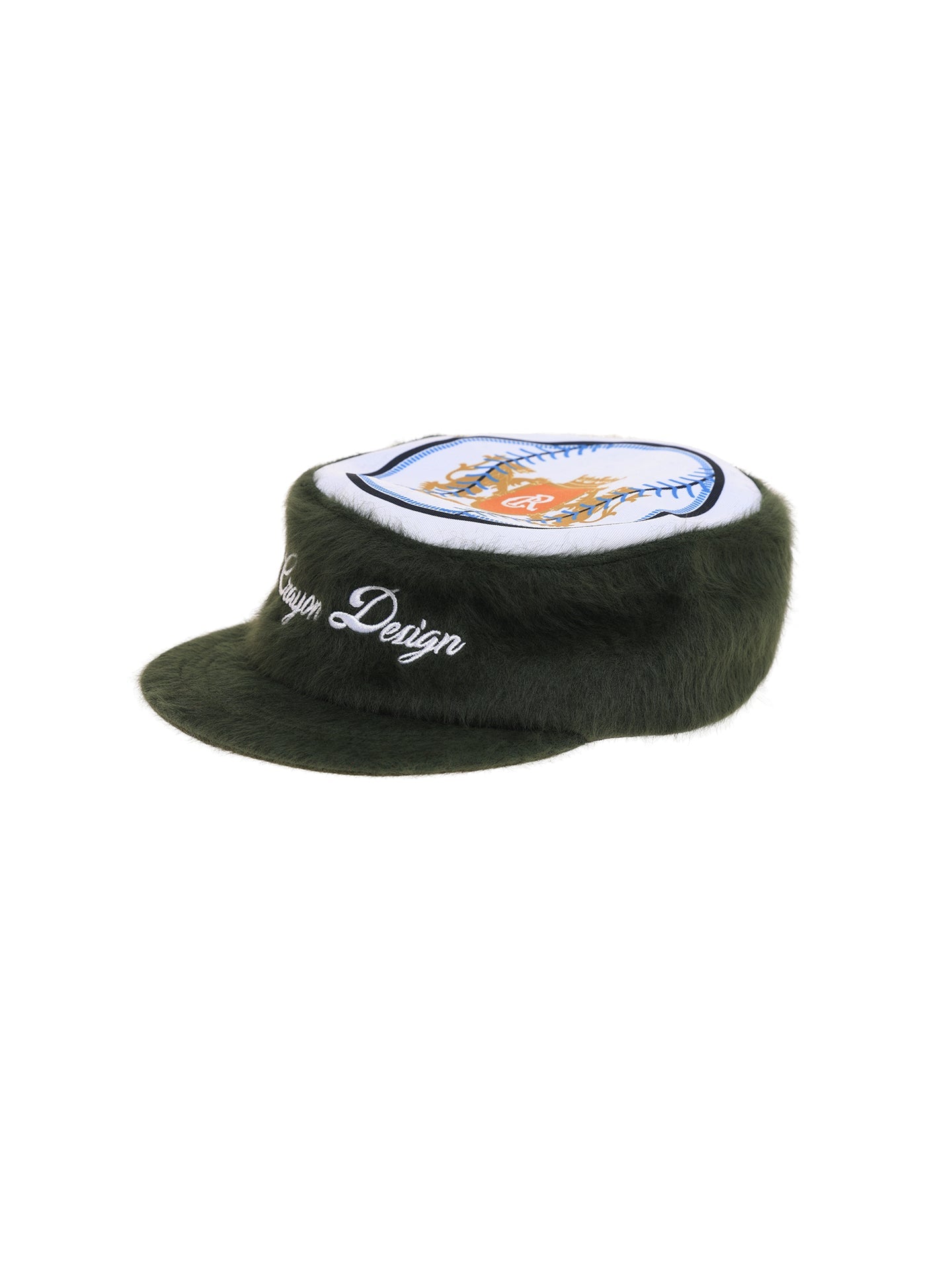 6CRAYON Flat Top Embroidered Rabbit Fur Olive Green Pa tchwork Baseball Cap