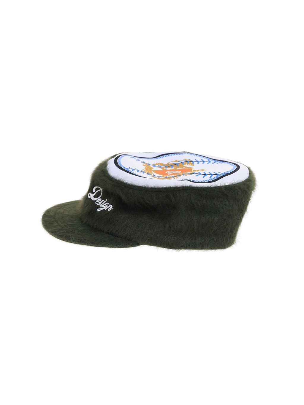 6CRAYON Flat Top Embroidered Rabbit Fur Olive Green Pa tchwork Baseball Cap