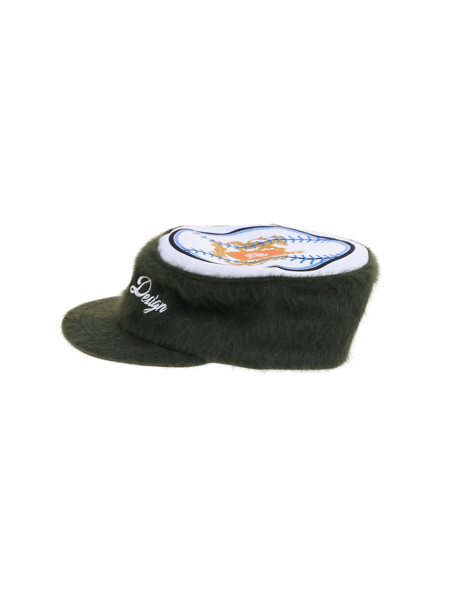 6CRAYON Flat Top Embroidered Rabbit Fur Olive Green Pa tchwork Baseball Cap