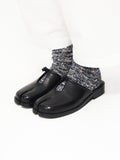 6CRAYON Unisex Black Cow Leather Mule Slides with Tabi Split Toe Cutout & Knot Embellishment