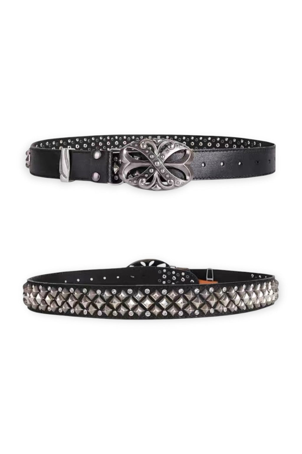 DND4DES Studded Rhinestone Carved Buckle Leather Belt