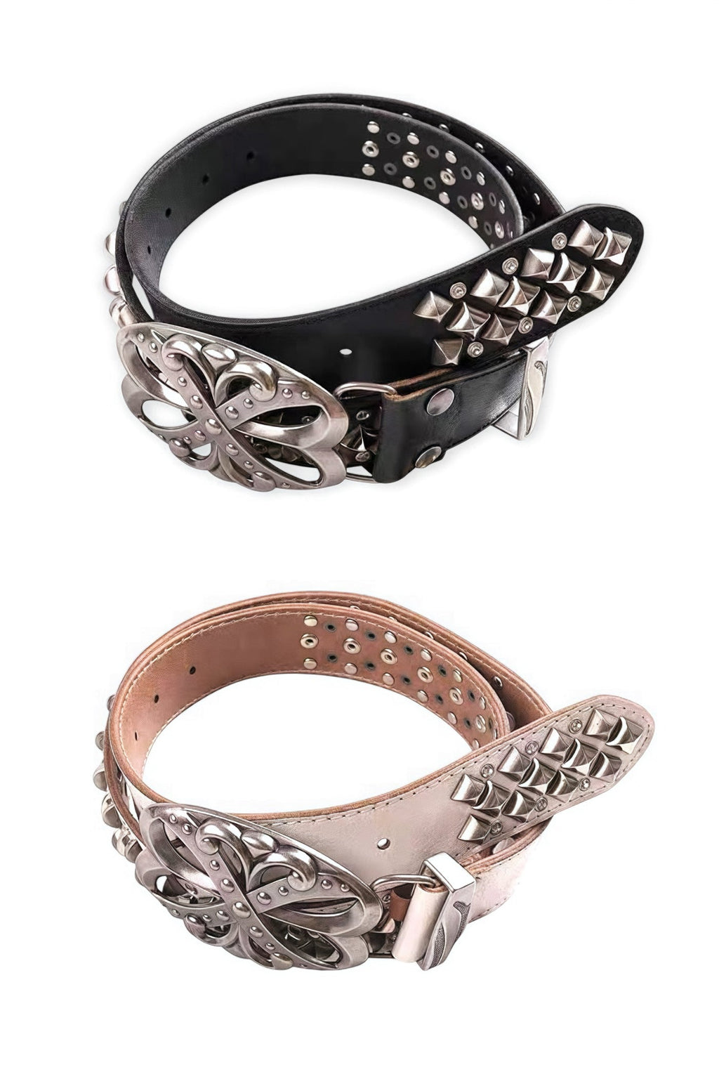 DND4DES Studded Rhinestone Carved Buckle Leather Belt