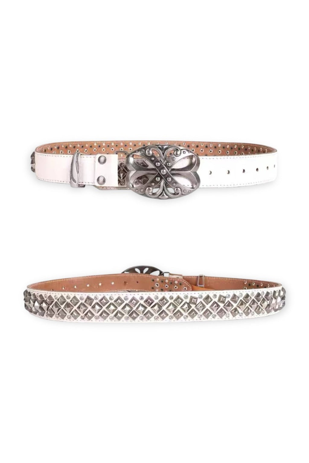 DND4DES Studded Rhinestone Carved Buckle Leather Belt