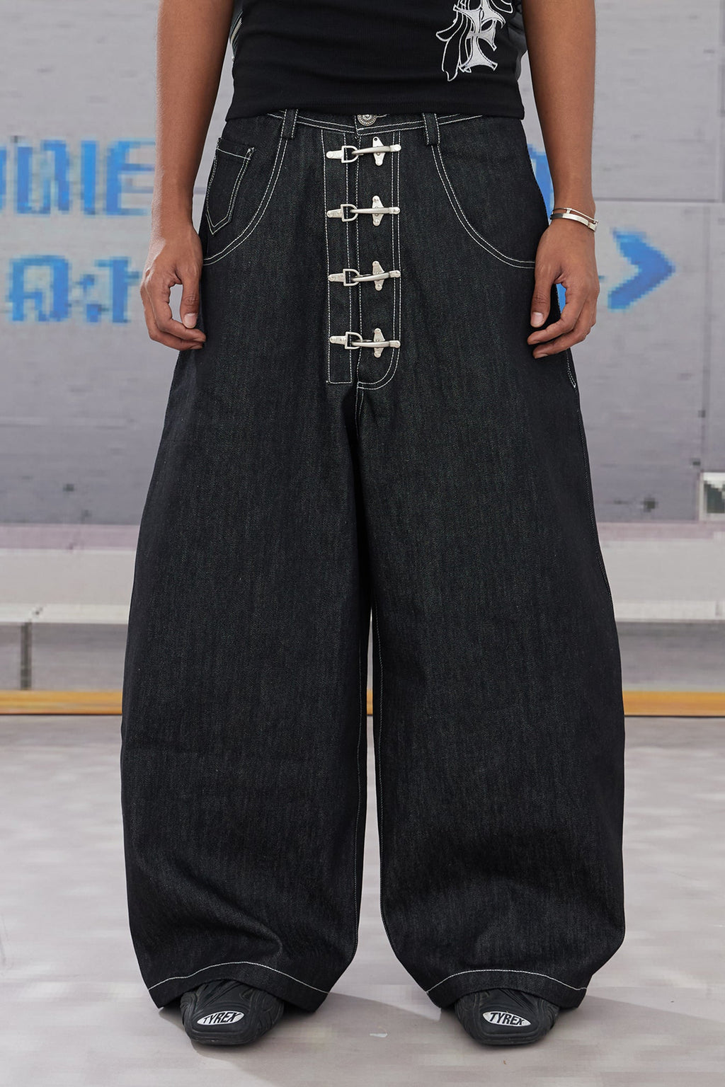 DND4DES Firefighter Buckle A-Line Baggy Raw Denim Jeans