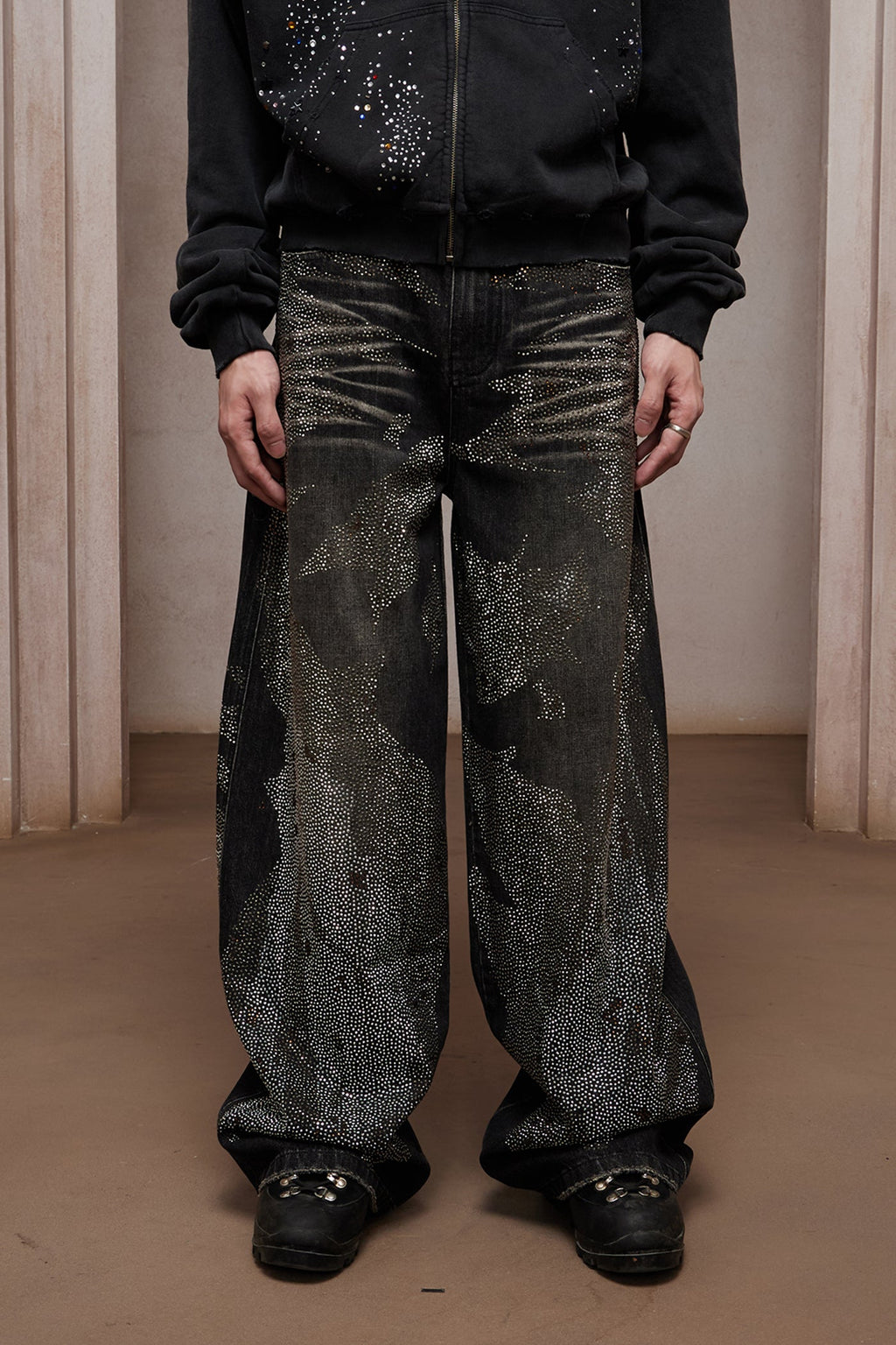 DND4DES 28K Crystal-Studded Dual-Wash A-Line Denim (Black)