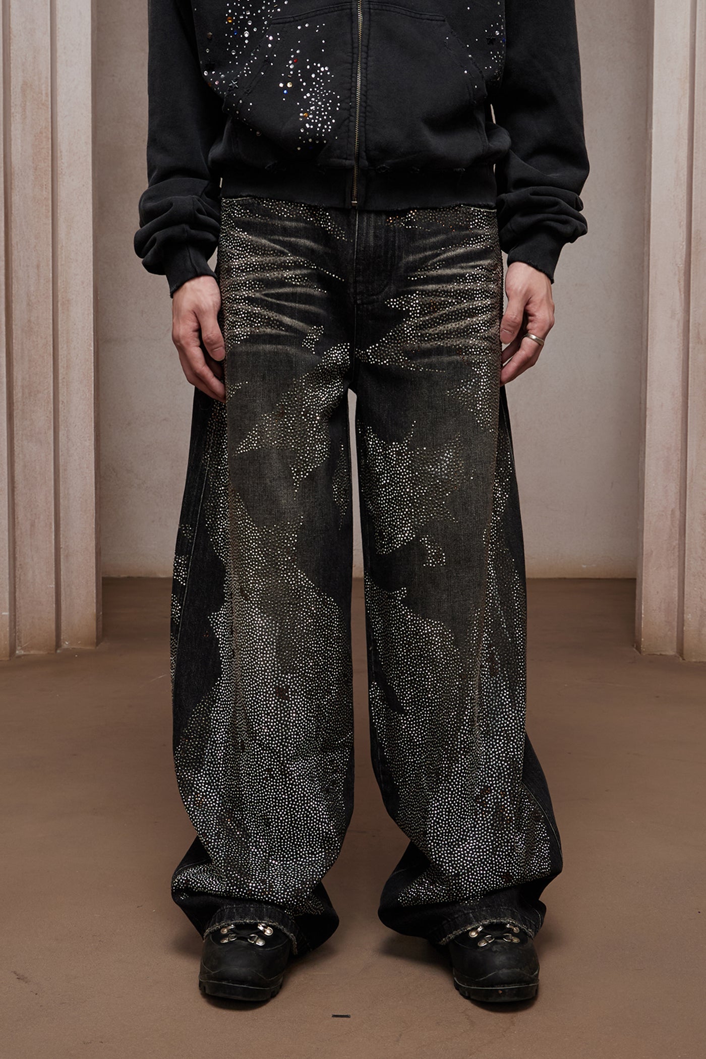 DND4DES 28K Crystal-Studded Dual-Wash A-Line Denim (Black)