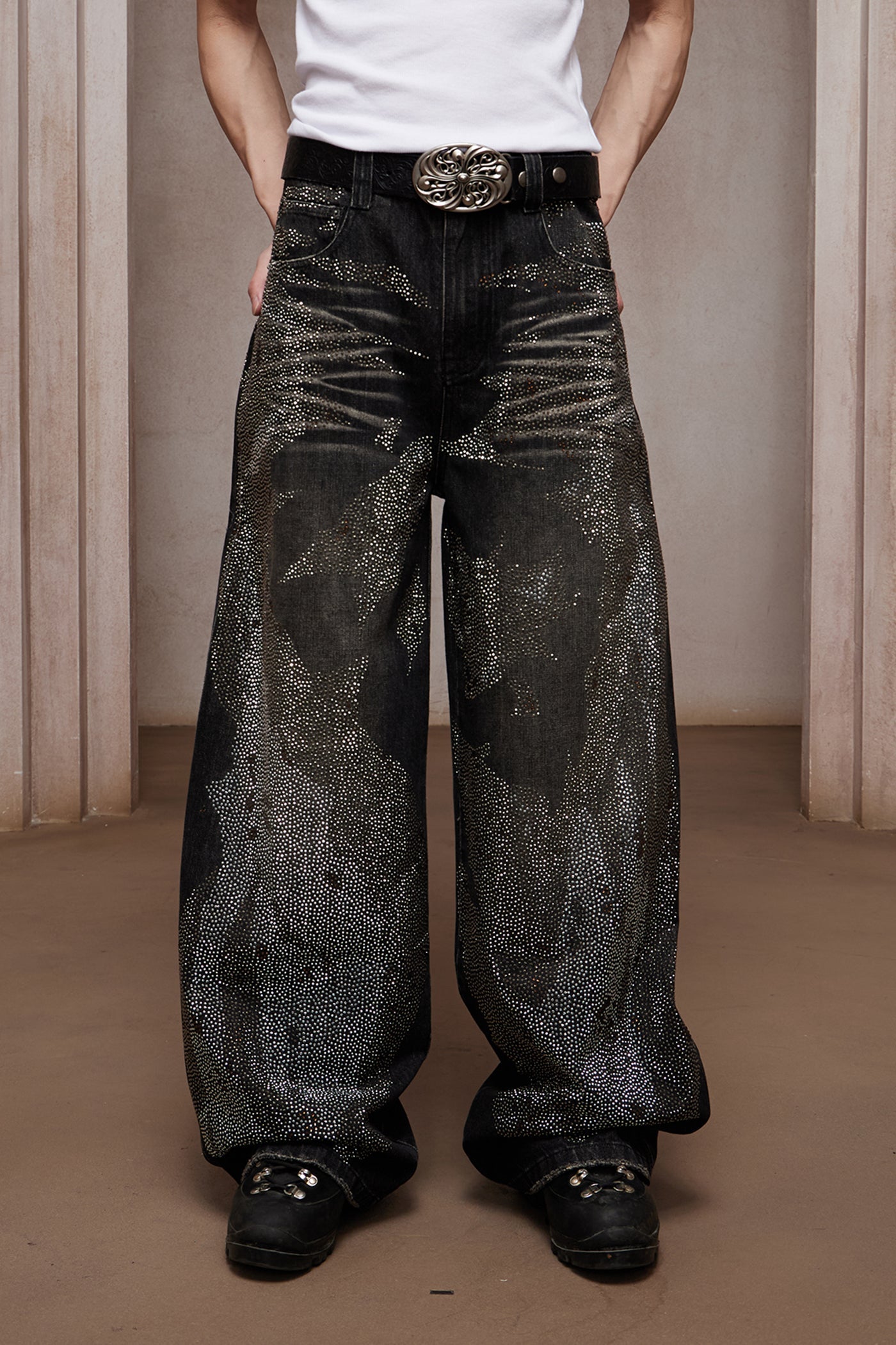 DND4DES 28K Crystal-Studded Dual-Wash A-Line Denim (Black)